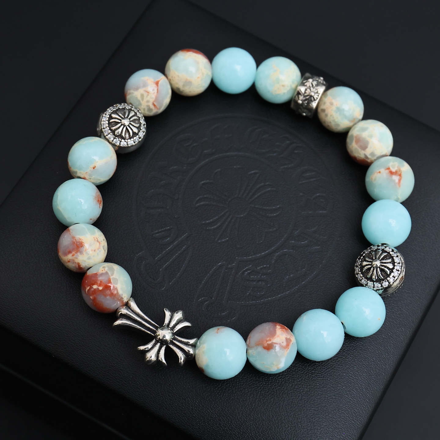 Chrome Hearts Cross Beaded Bracelet bracelet Sterling silver with turquoise blue red and cream variegated stone beads accented with clear cubic zirconia 18cm
