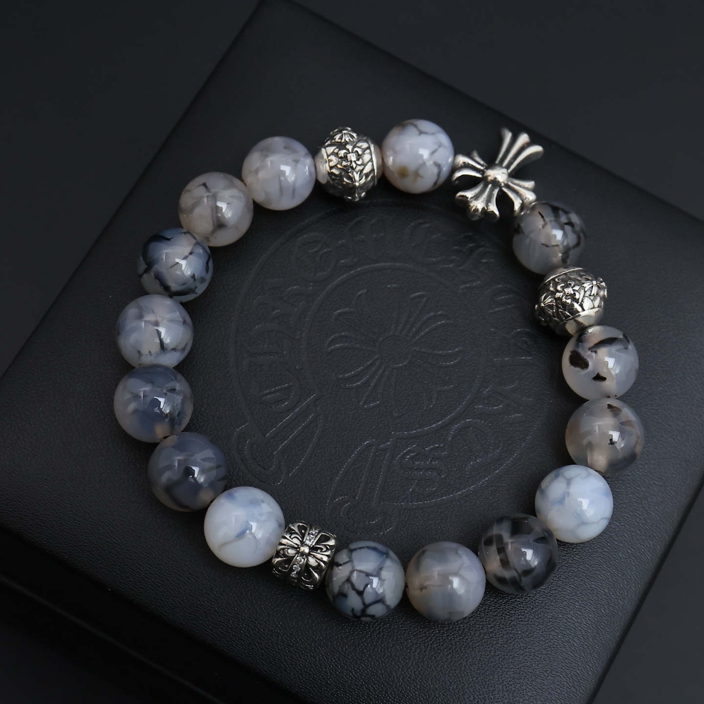 Chrome Hearts Cross Beaded Bracelet bracelet Sterling silver with turquoise blue red and cream variegated stone beads accented with clear cubic zirconia 18cm