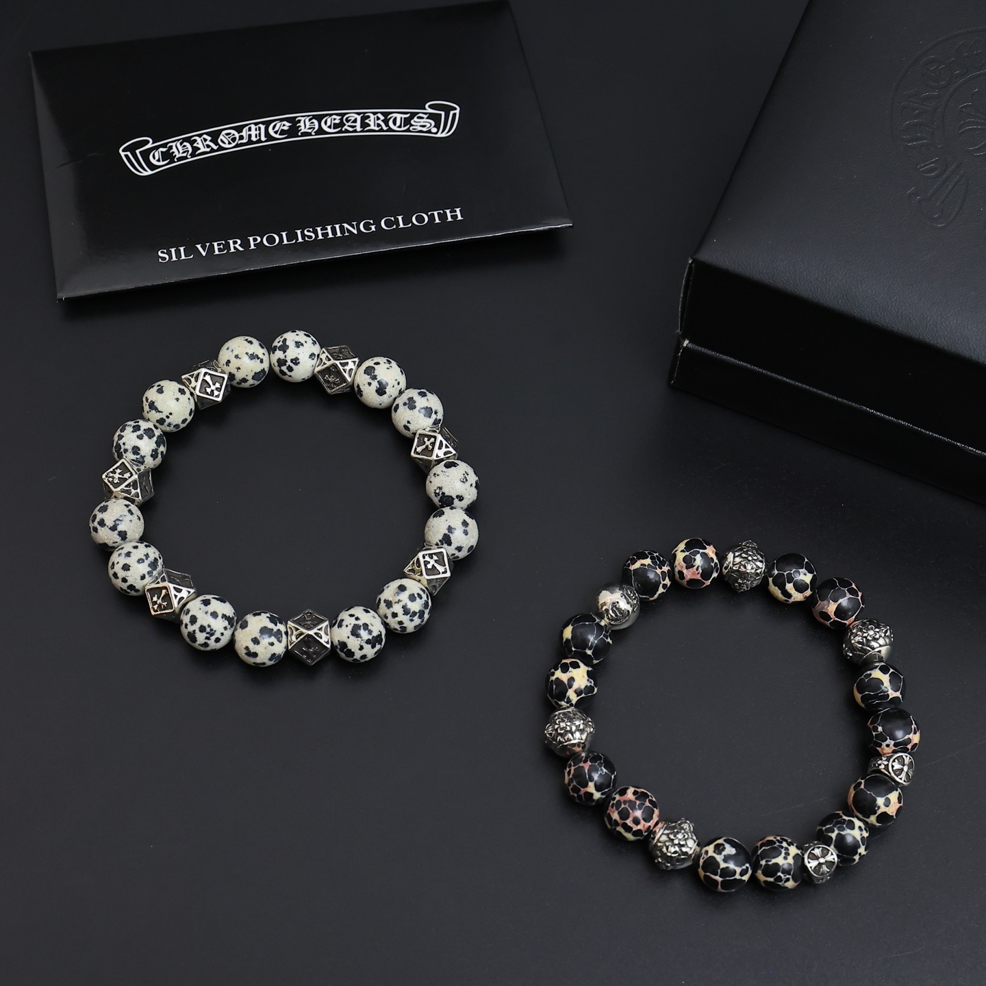 Chrome Hearts Beaded Cross Bracelet bracelet Sterling silver with dalmatian jasper white with black spots and black patterned stone with cream pink accents 19cm