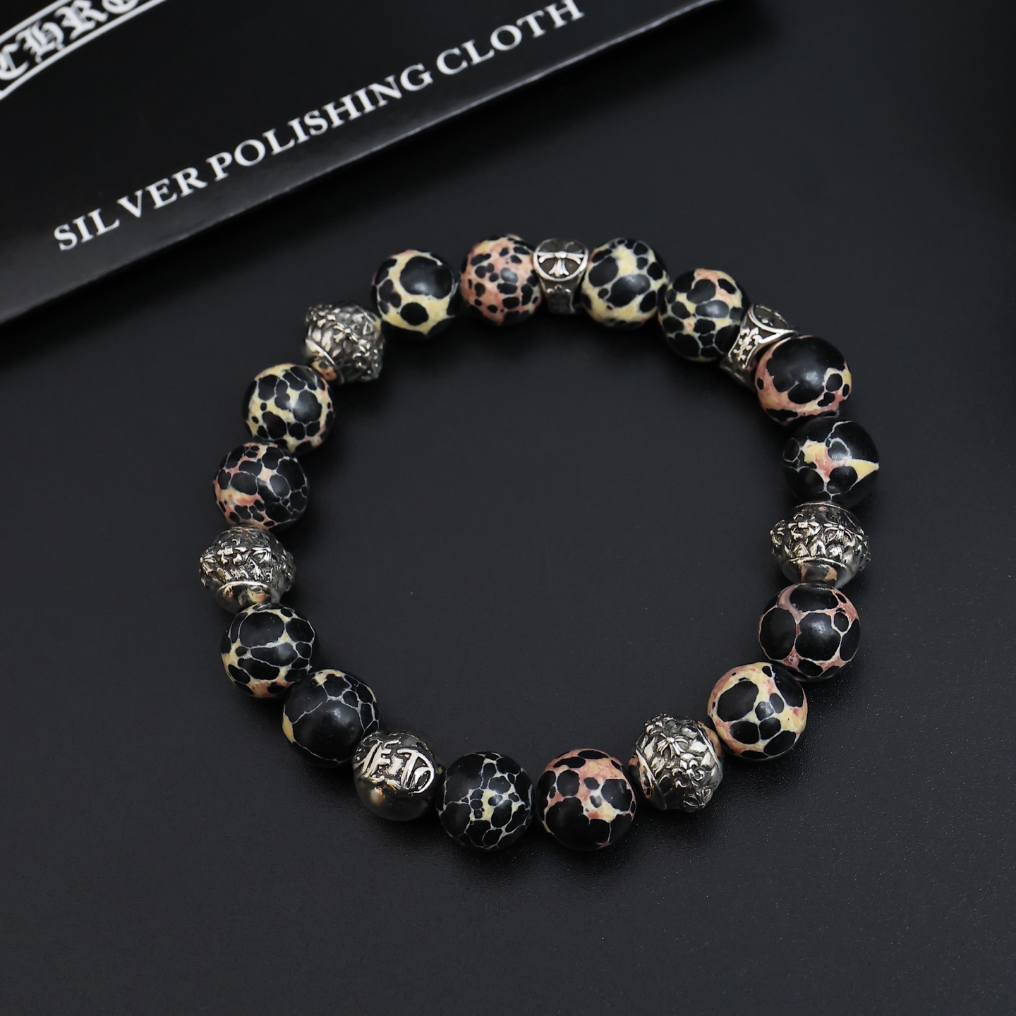 Chrome Hearts Beaded Cross Bracelet bracelet Sterling silver with dalmatian jasper white with black spots and black patterned stone with cream pink accents 19cm