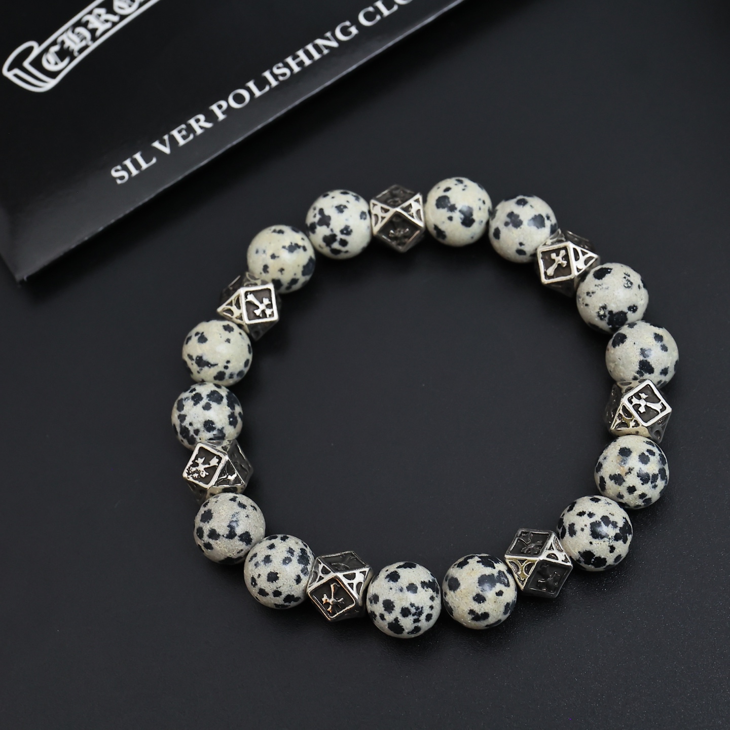 Chrome Hearts Beaded Cross Bracelet bracelet Sterling silver with dalmatian jasper white with black spots and black patterned stone with cream pink accents 19cm