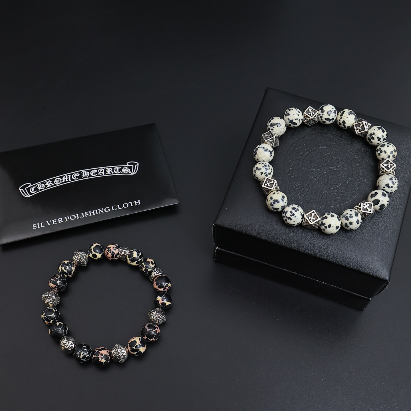 Chrome Hearts Beaded Cross Bracelet bracelet Sterling silver with dalmatian jasper white with black spots and black patterned stone with cream pink accents 19cm