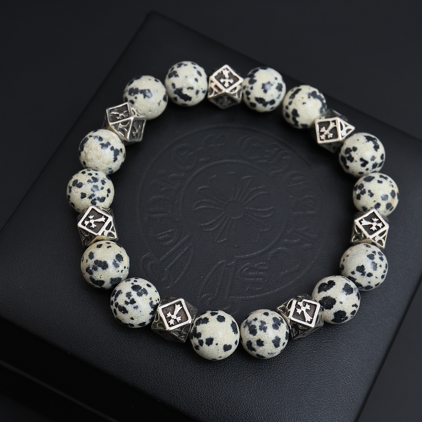 Chrome Hearts Beaded Cross Bracelet bracelet Sterling silver with dalmatian jasper white with black spots and black patterned stone with cream pink accents 19cm