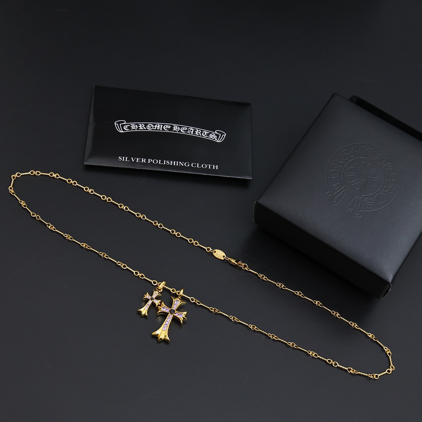 Chrome Hearts Double Cross Pendant necklace Gold-tone metal with purple and black gemstones Silver-tone metal with purple and black gemstones 20 inches