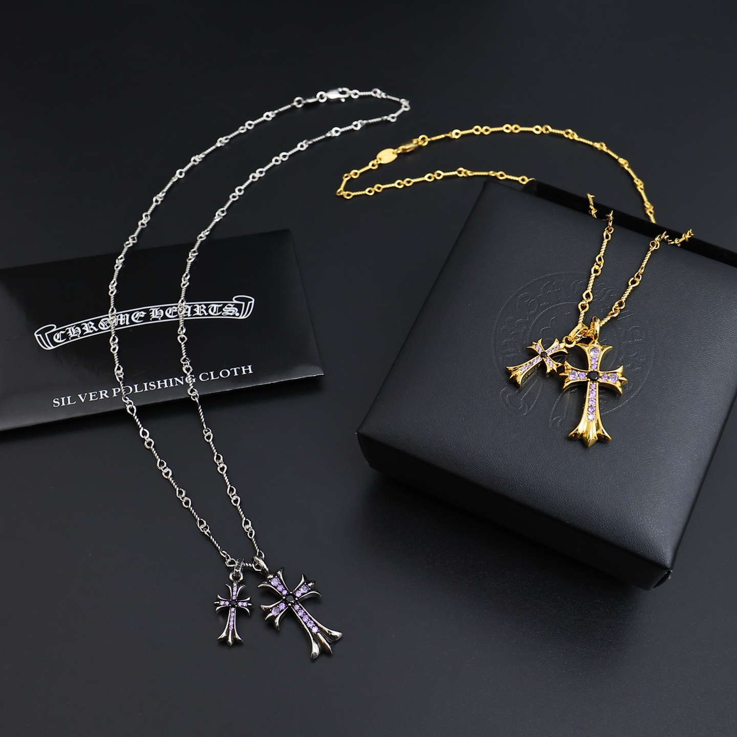 Chrome Hearts Double Cross Pendant necklace Gold-tone metal with purple and black gemstones Silver-tone metal with purple and black gemstones 20 inches