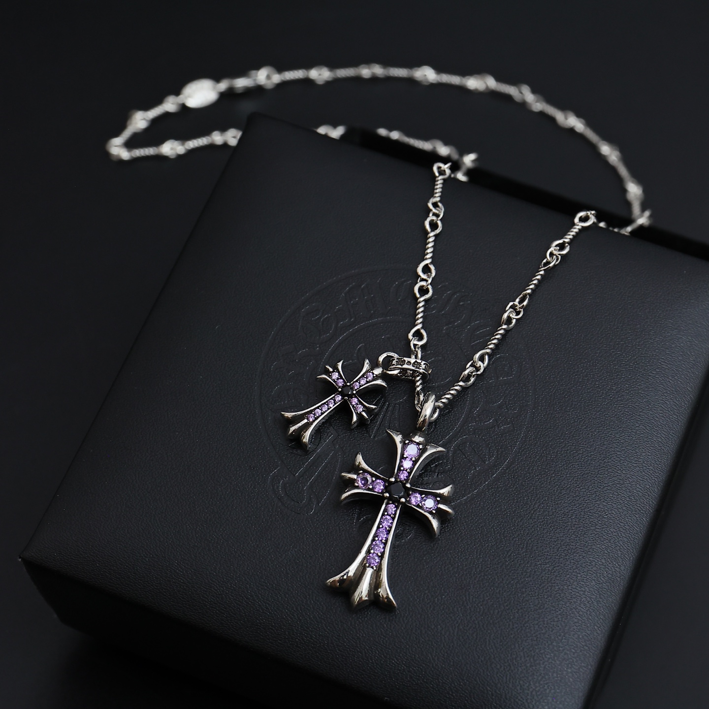Chrome Hearts Double Cross Pendant necklace Gold-tone metal with purple and black gemstones Silver-tone metal with purple and black gemstones 20 inches