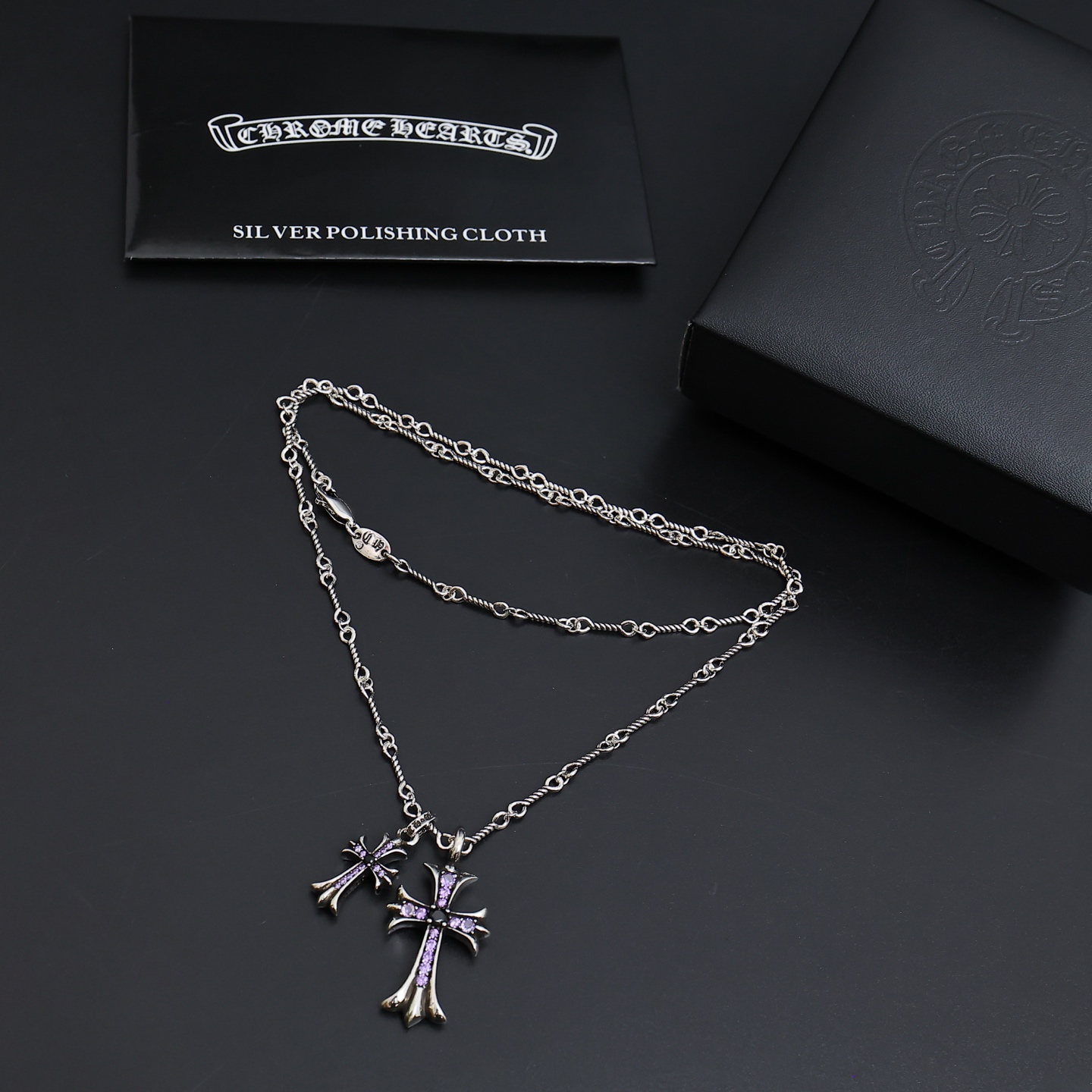 Chrome Hearts Double Cross Pendant necklace Gold-tone metal with purple and black gemstones Silver-tone metal with purple and black gemstones 20 inches