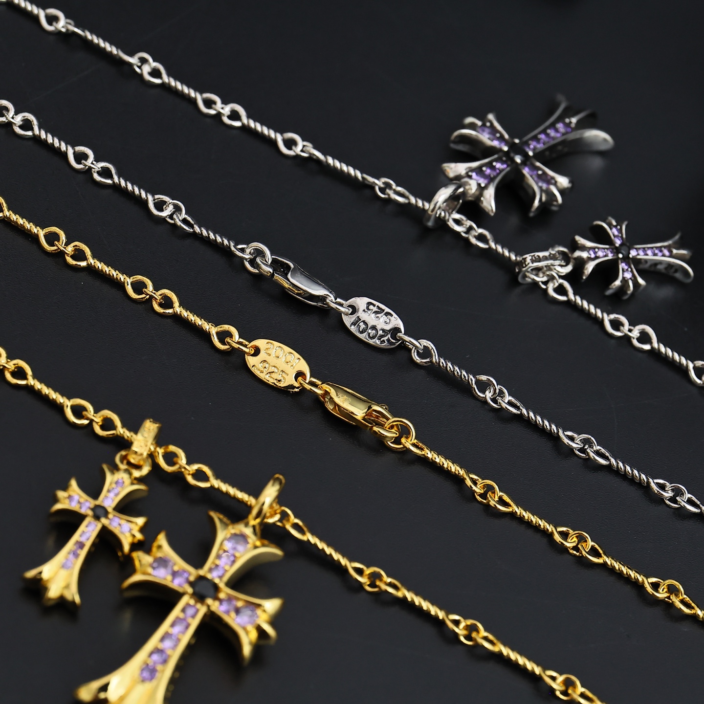 Chrome Hearts Double Cross Pendant necklace Gold-tone metal with purple and black gemstones Silver-tone metal with purple and black gemstones 20 inches