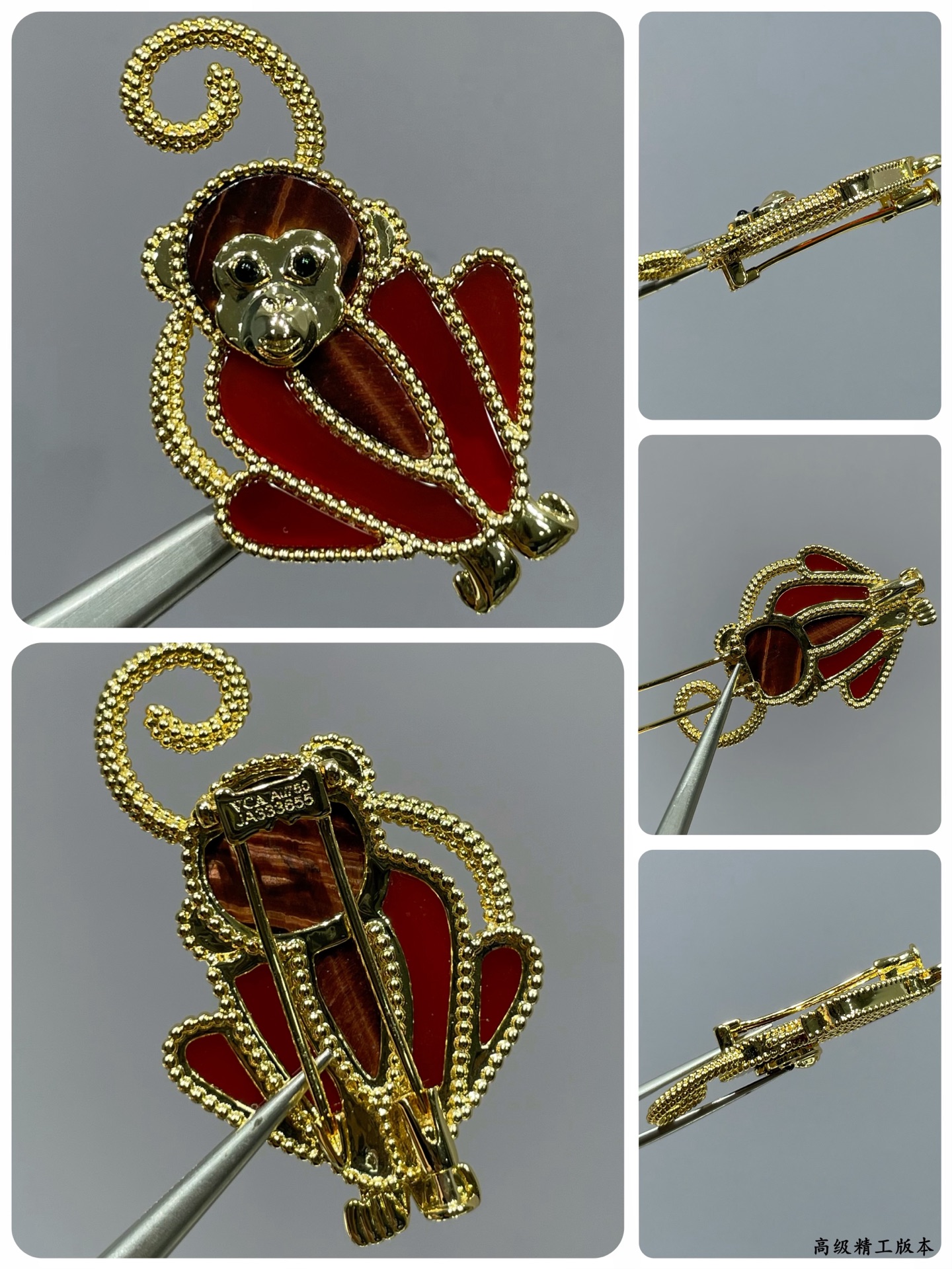 Van Cleef Arpels Lucky Animals Monkey brooch Yellow gold red carnelian brown wood black onyx 30mm x 20mm