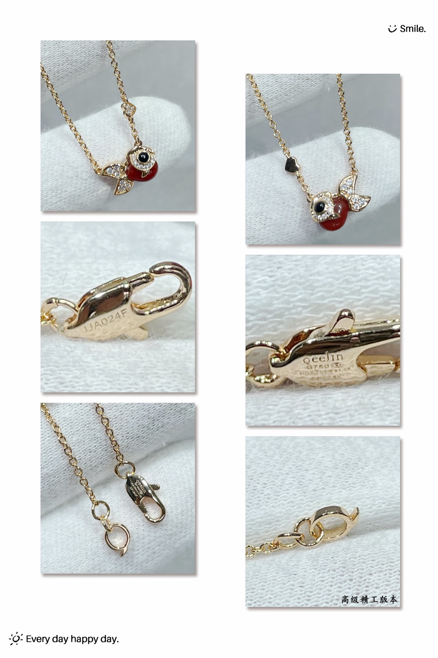 Qeelin Kirin Small Goldfish necklace Rose gold with red carnelian clear diamonds black onyx 42cm