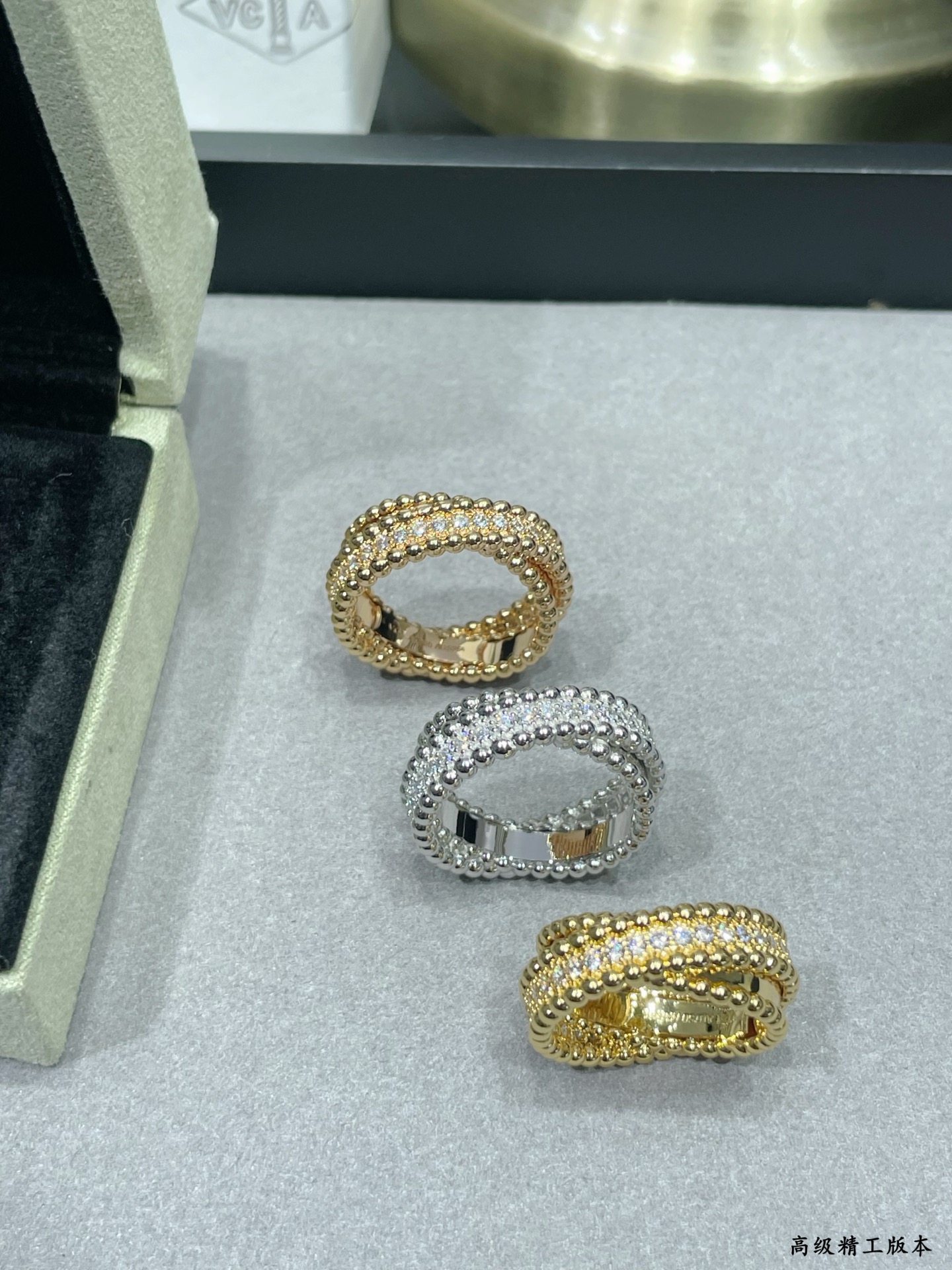Van Cleef Arpels Perlee ring 18k rose gold with clear pave diamonds 18k white gold with clear pave diamonds US 7