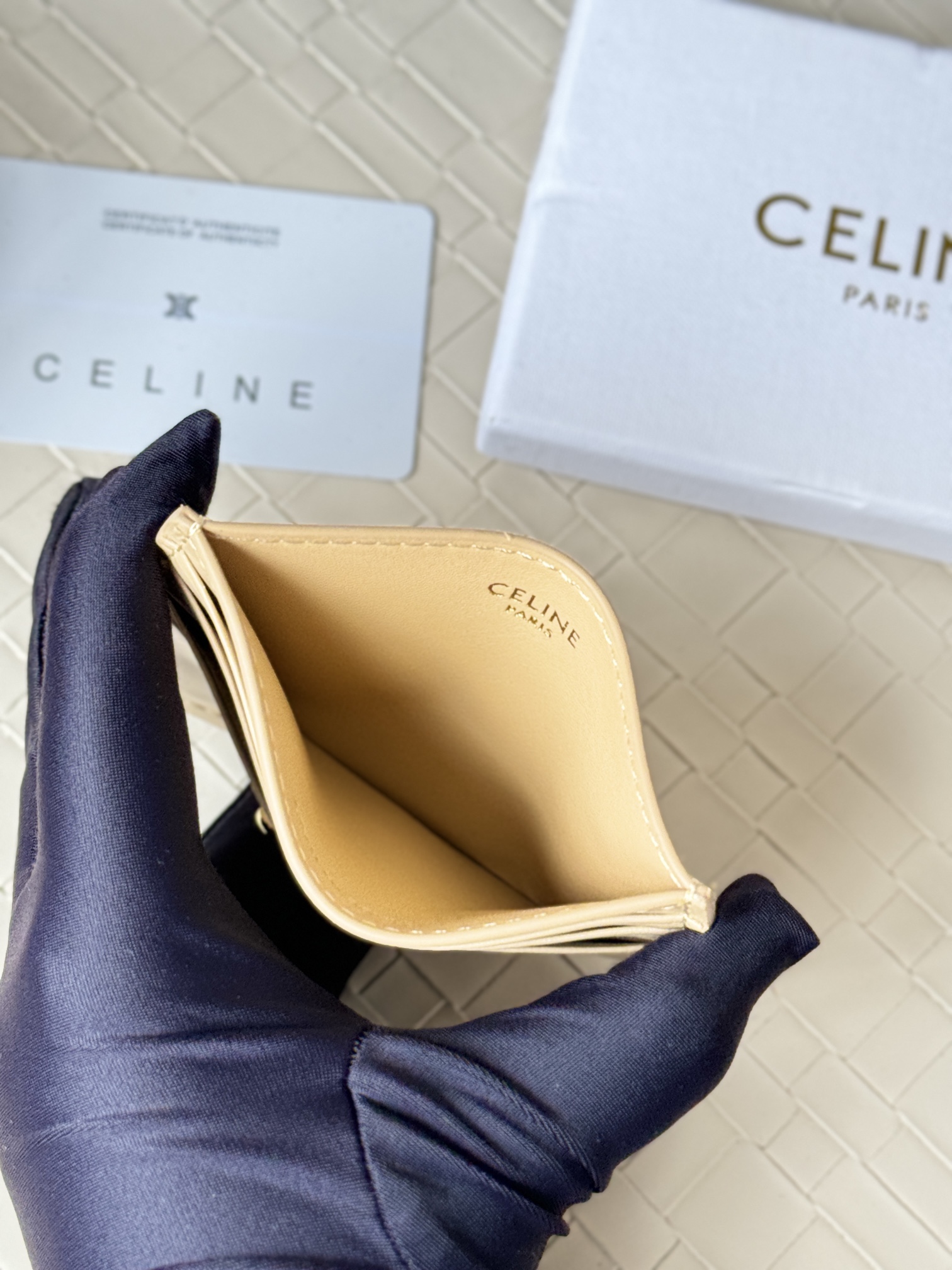 Celine Triomphe card holder beige leather with gold-tone metal hardware 10 5cm x 7