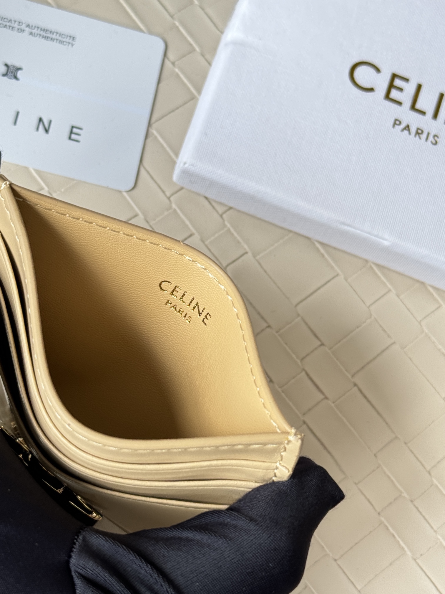 Celine Triomphe card holder beige leather with gold-tone metal hardware 10 5cm x 7