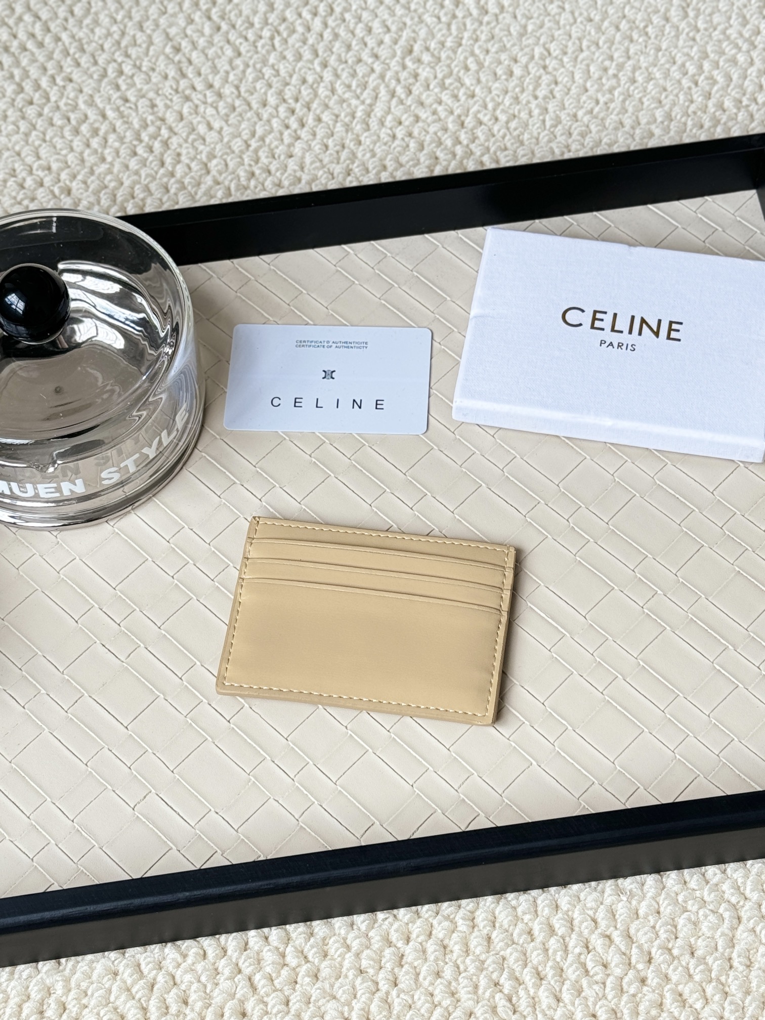 Celine Triomphe card holder beige leather with gold-tone metal hardware 10 5cm x 7