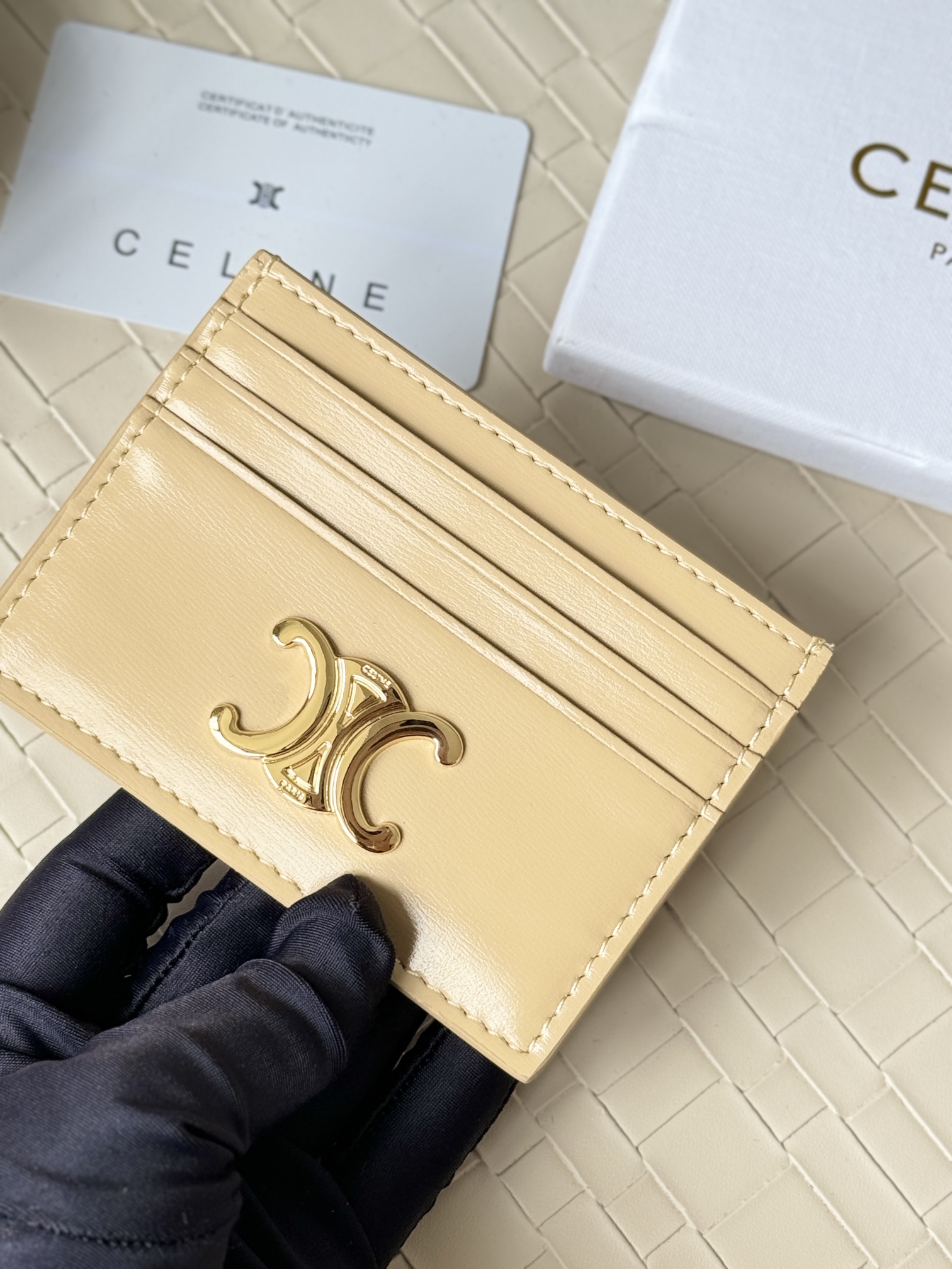 Celine Triomphe card holder beige leather with gold-tone metal hardware 10 5cm x 7