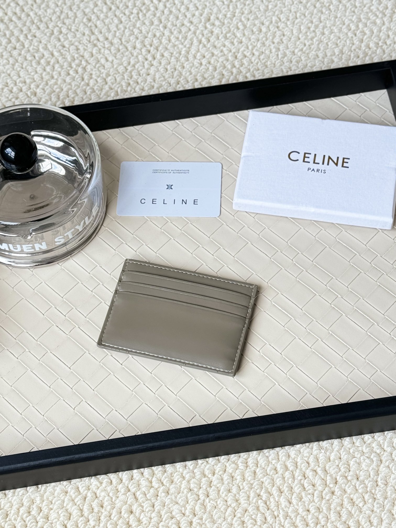 Celine Triomphe card holder pebble gray leather with gold-tone metal hardware 10 5cm x 7