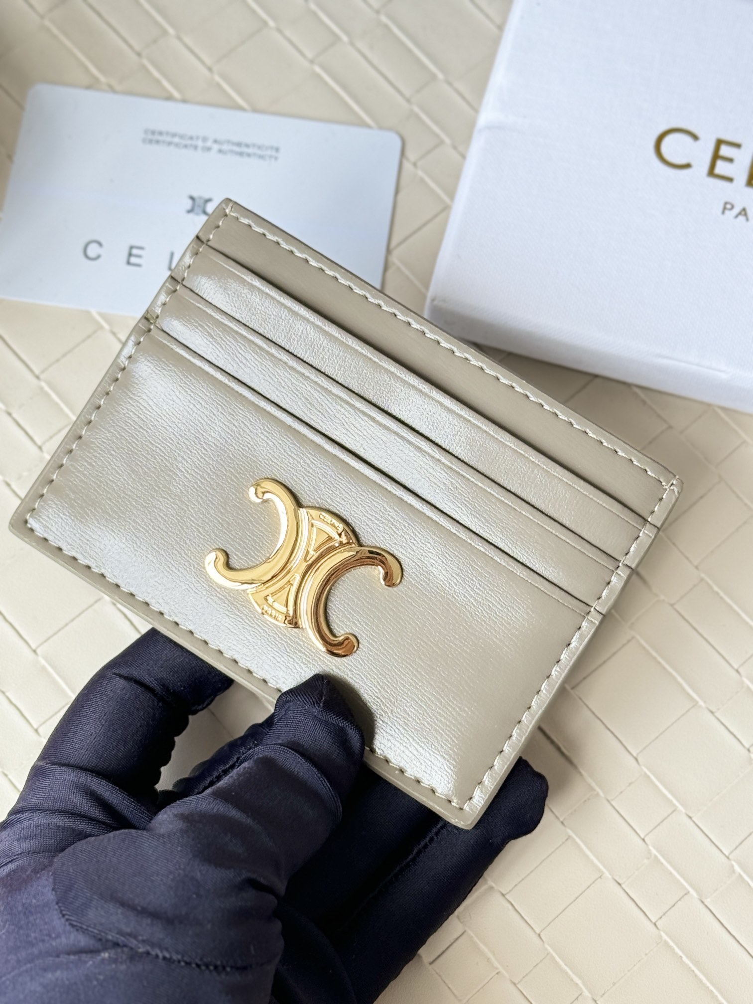 Celine Triomphe card holder pebble gray leather with gold-tone metal hardware 10 5cm x 7