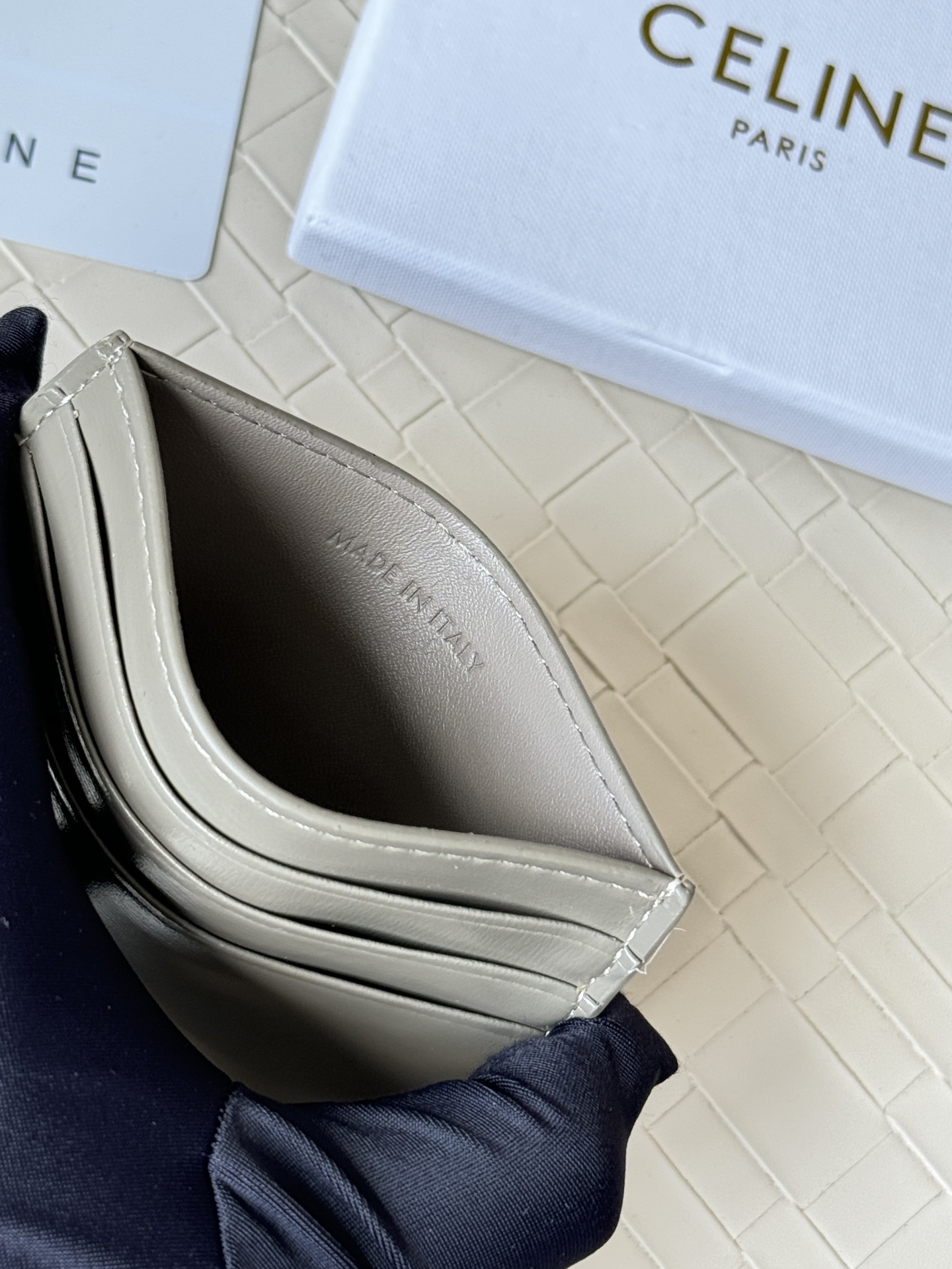 Celine Triomphe card holder pebble gray leather with gold-tone metal hardware 10 5cm x 7