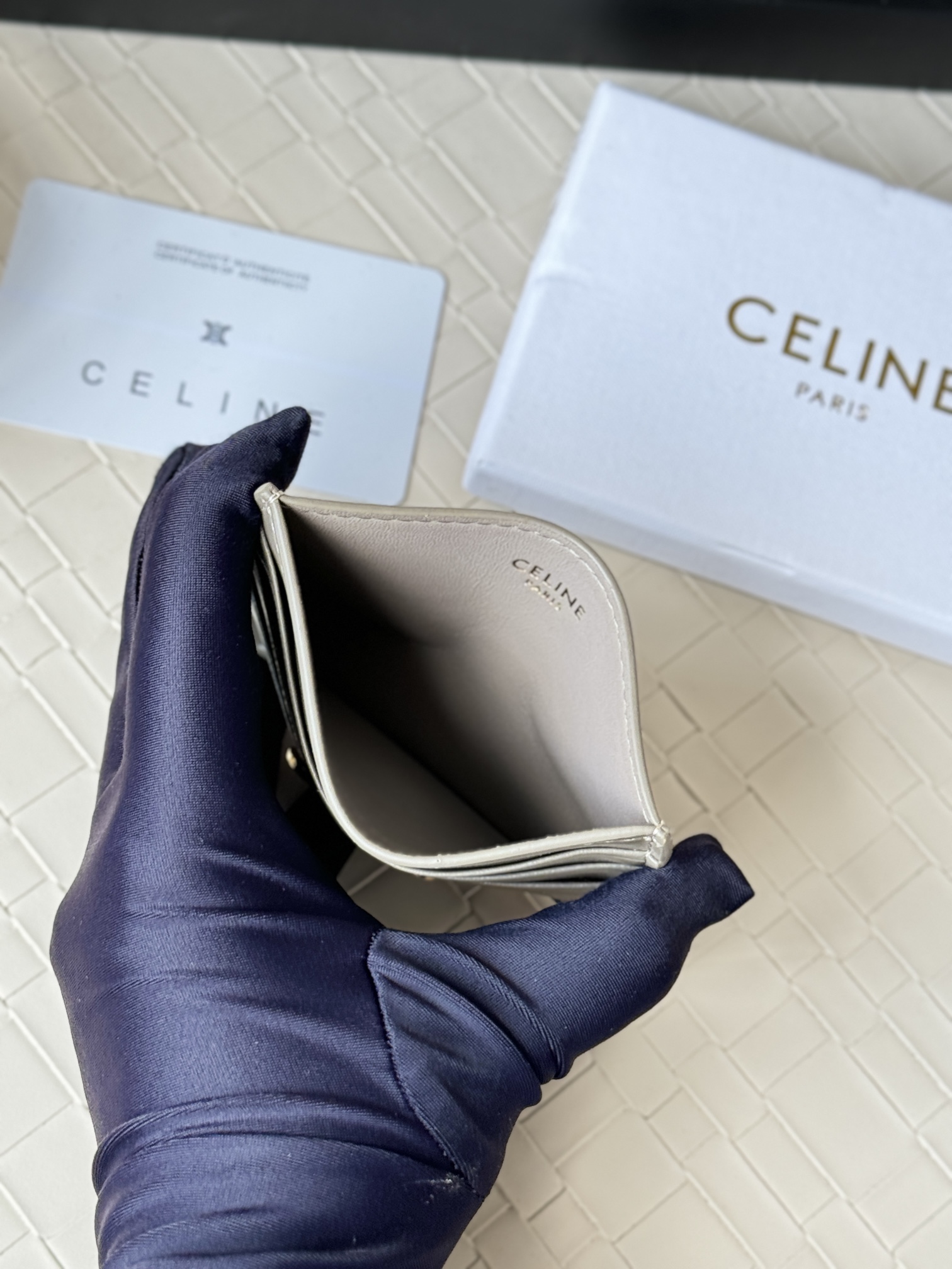 Celine Triomphe card holder pebble gray leather with gold-tone metal hardware 10 5cm x 7