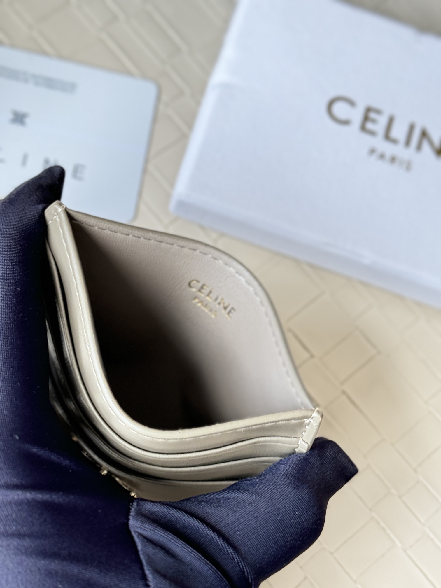 Celine Triomphe card holder pebble gray leather with gold-tone metal hardware 10 5cm x 7