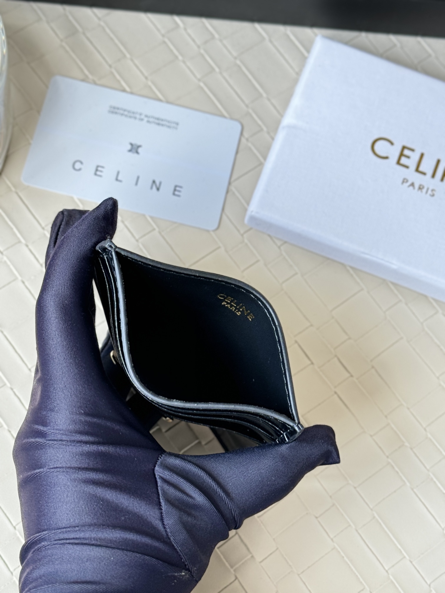 Celine Triomphe card holder black shiny calfskin with gold-tone metal hardware 10 5cm x 7