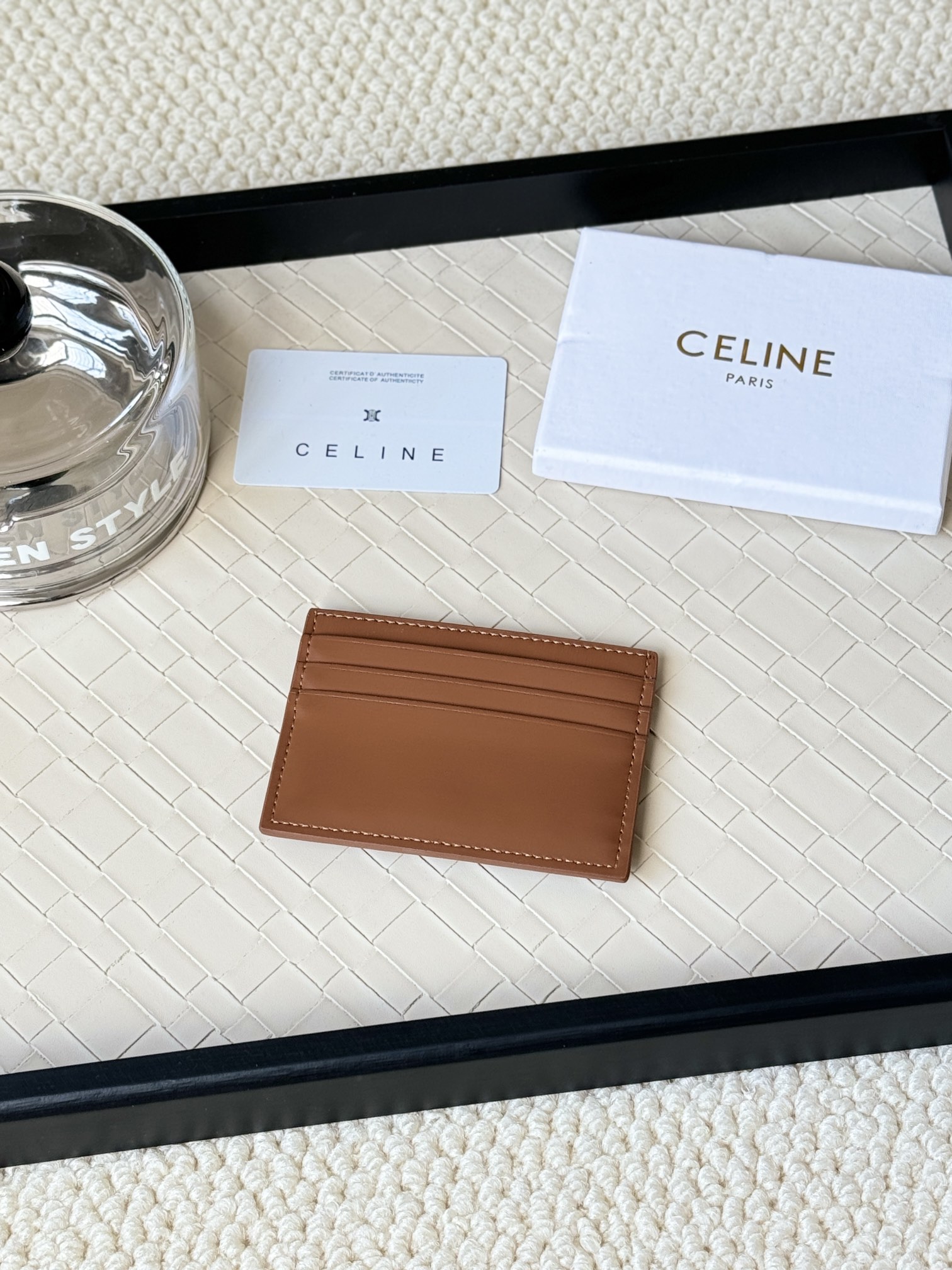 Celine Triomphe card holder tan smooth calfskin leather with gold-tone Triomphe metal logo 10 5cm x 7