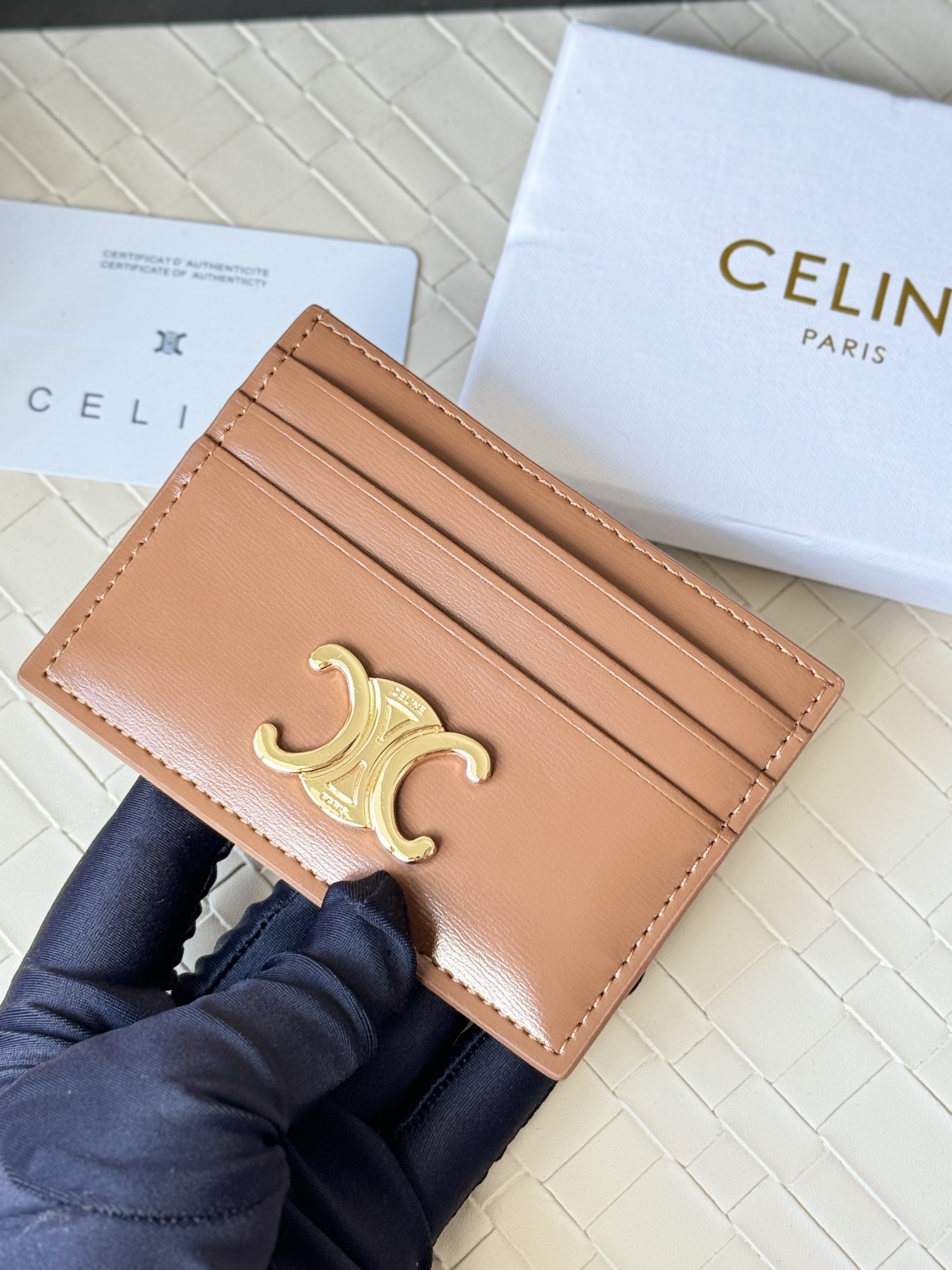 Celine Triomphe card holder tan smooth calfskin leather with gold-tone Triomphe metal logo 10 5cm x 7
