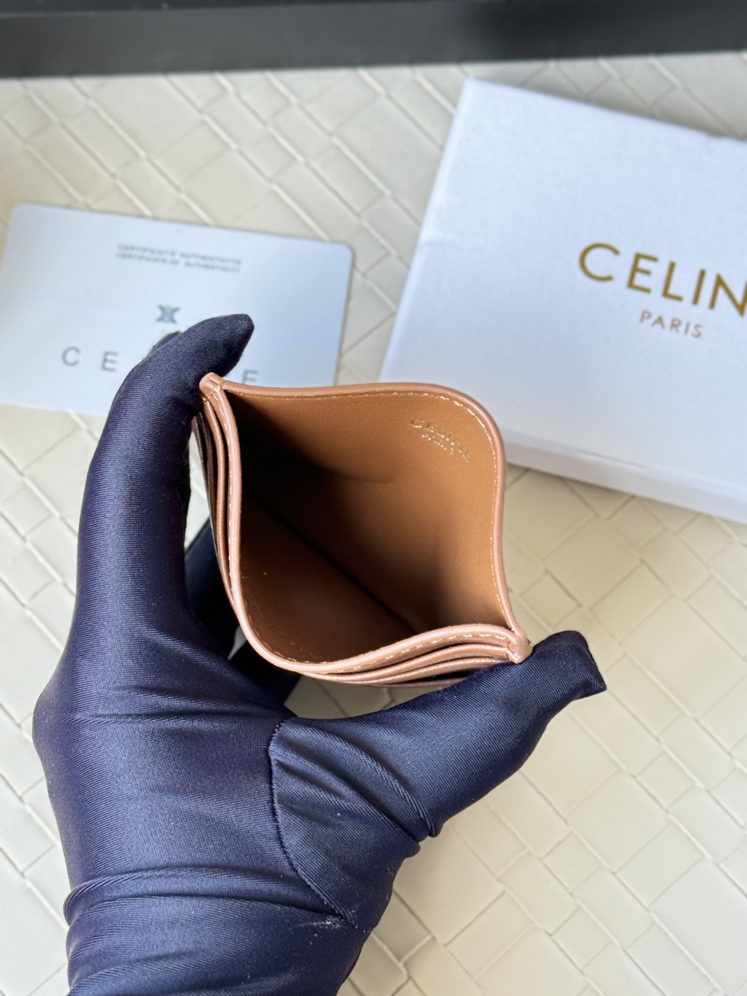 Celine Triomphe card holder tan smooth calfskin leather with gold-tone Triomphe metal logo 10 5cm x 7