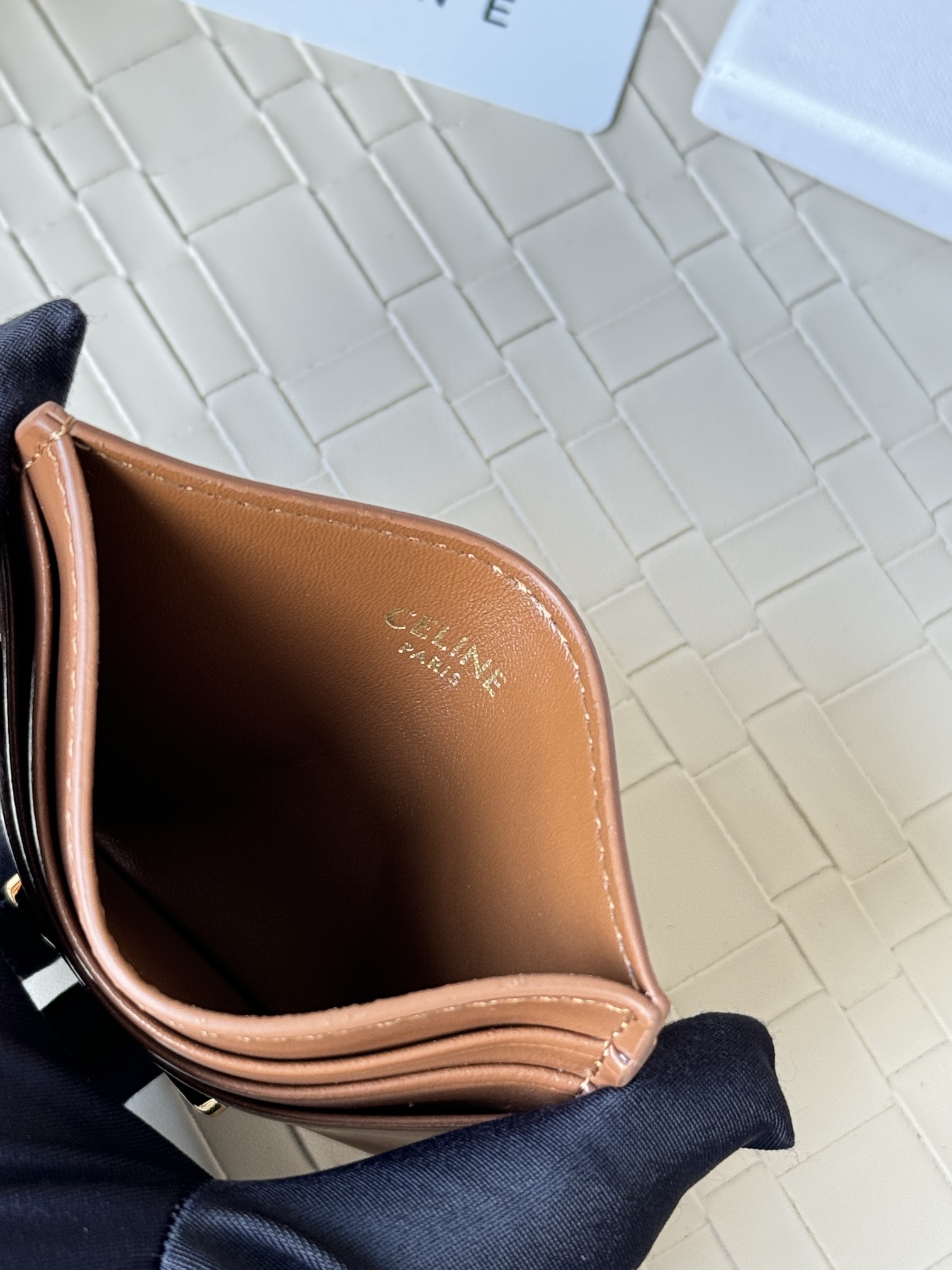 Celine Triomphe card holder tan smooth calfskin leather with gold-tone Triomphe metal logo 10 5cm x 7