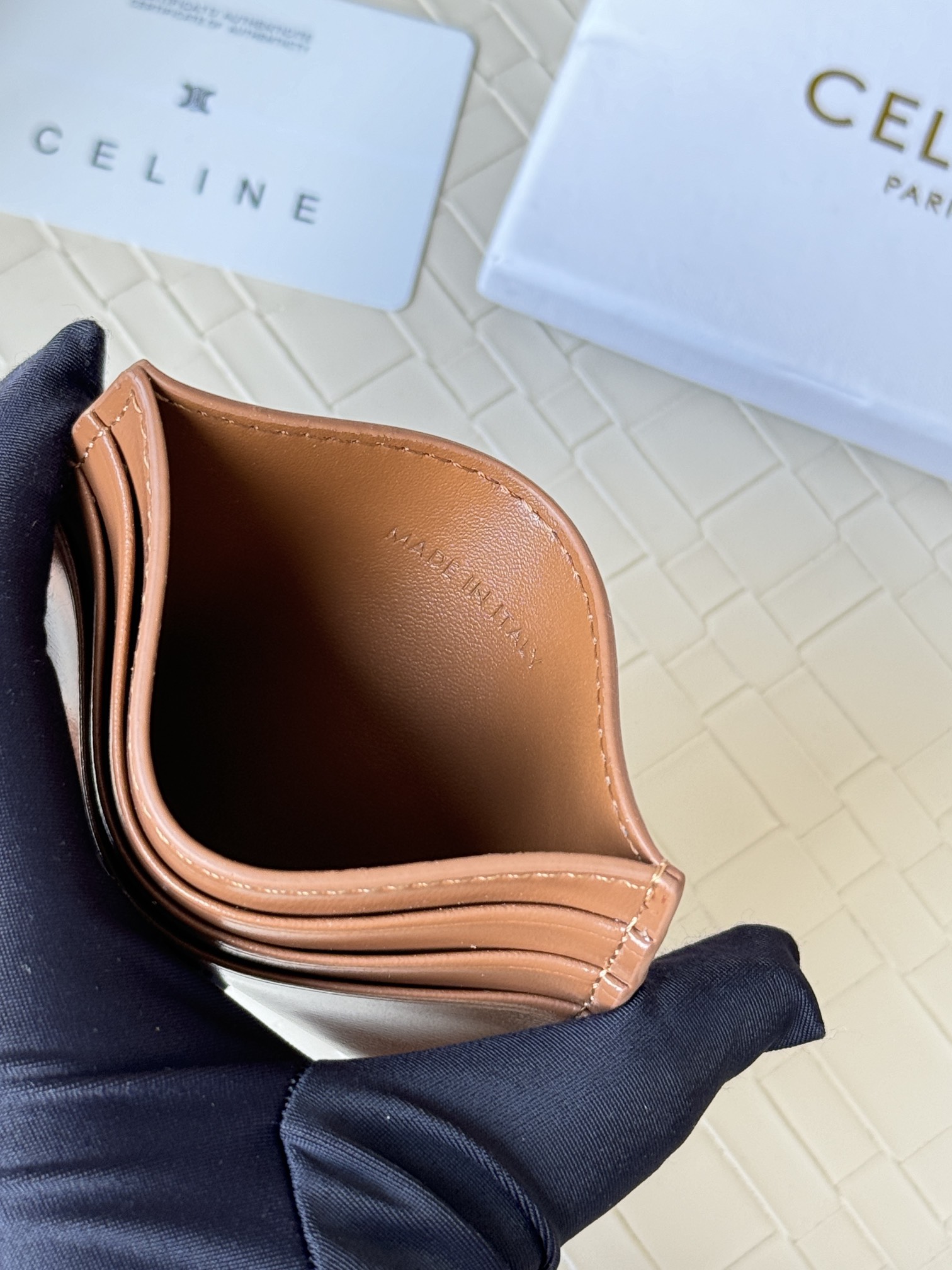 Celine Triomphe card holder tan smooth calfskin leather with gold-tone Triomphe metal logo 10 5cm x 7