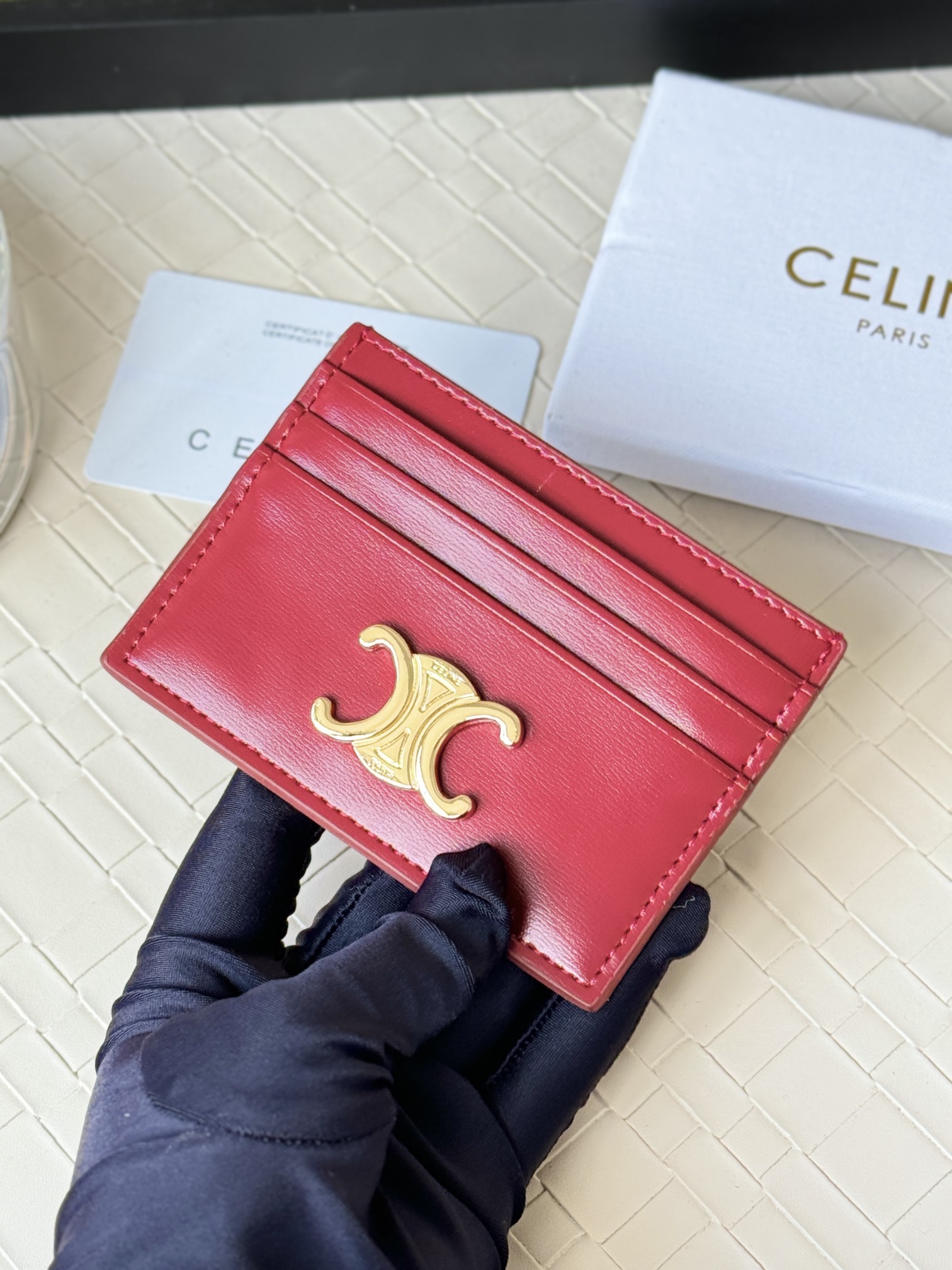 Celine Triomphe card holder Red leather with gold-tone metal hardware 10 5cm x 7
