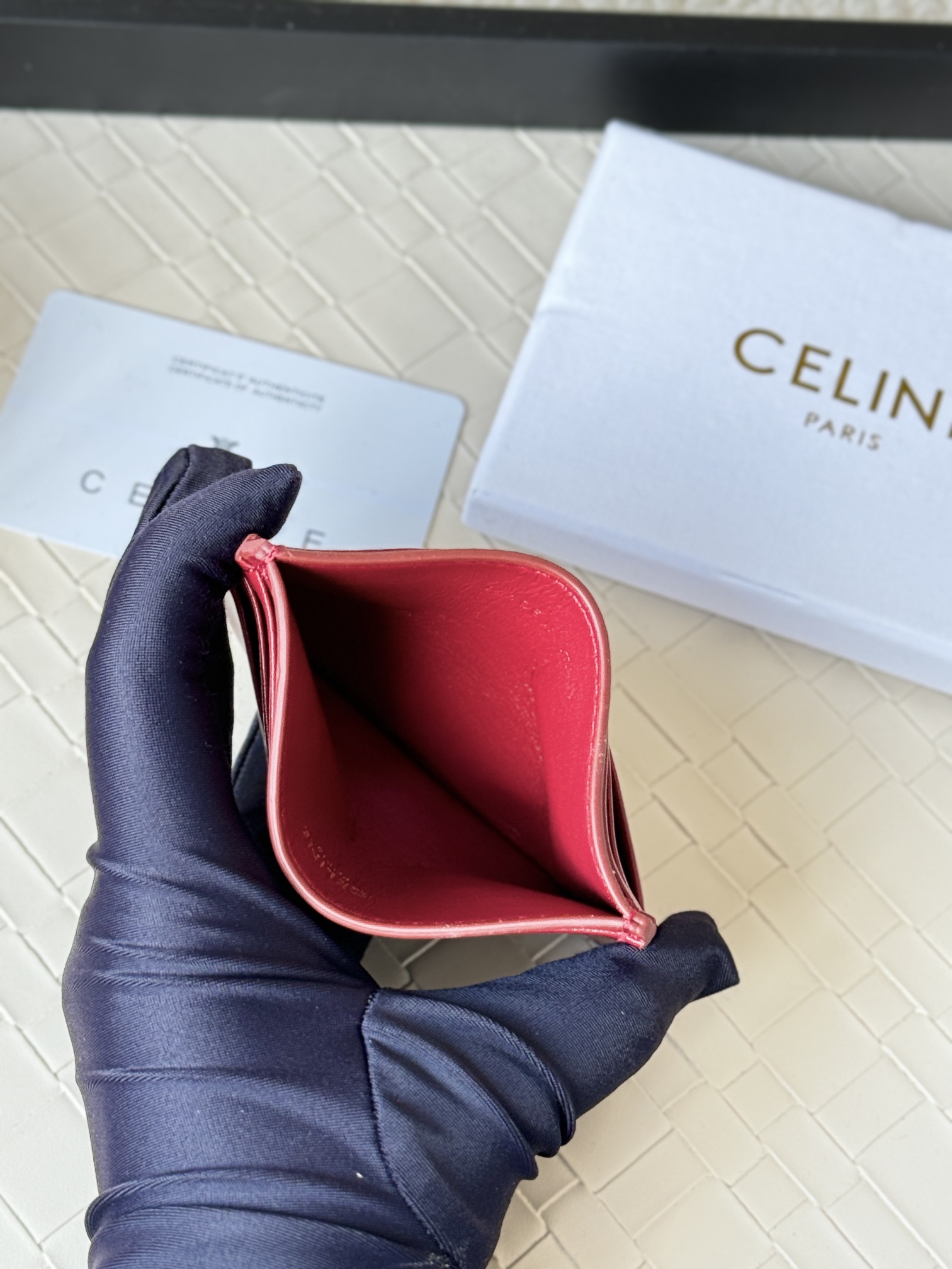 Celine Triomphe card holder Red leather with gold-tone metal hardware 10 5cm x 7