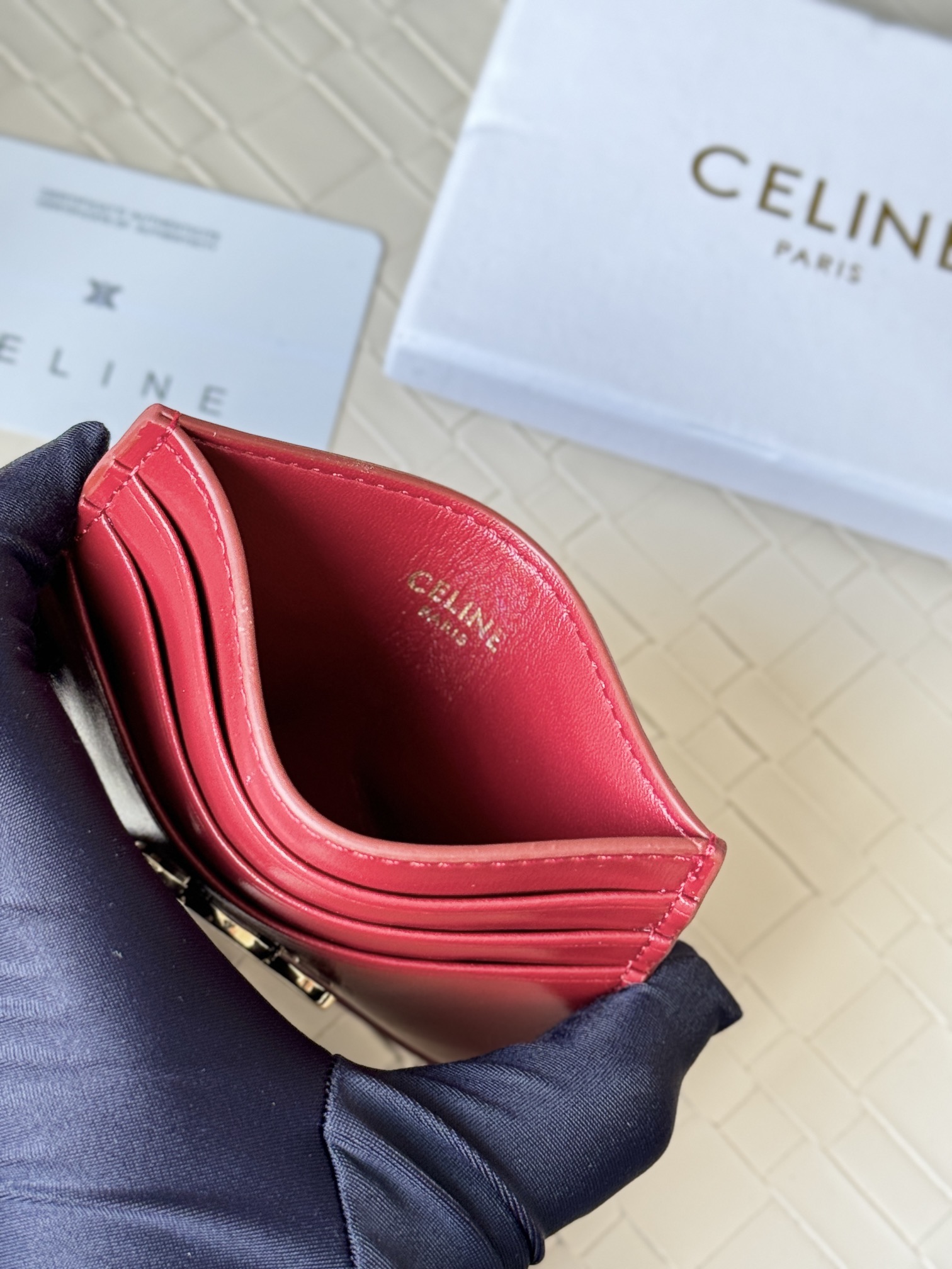 Celine Triomphe card holder Red leather with gold-tone metal hardware 10 5cm x 7