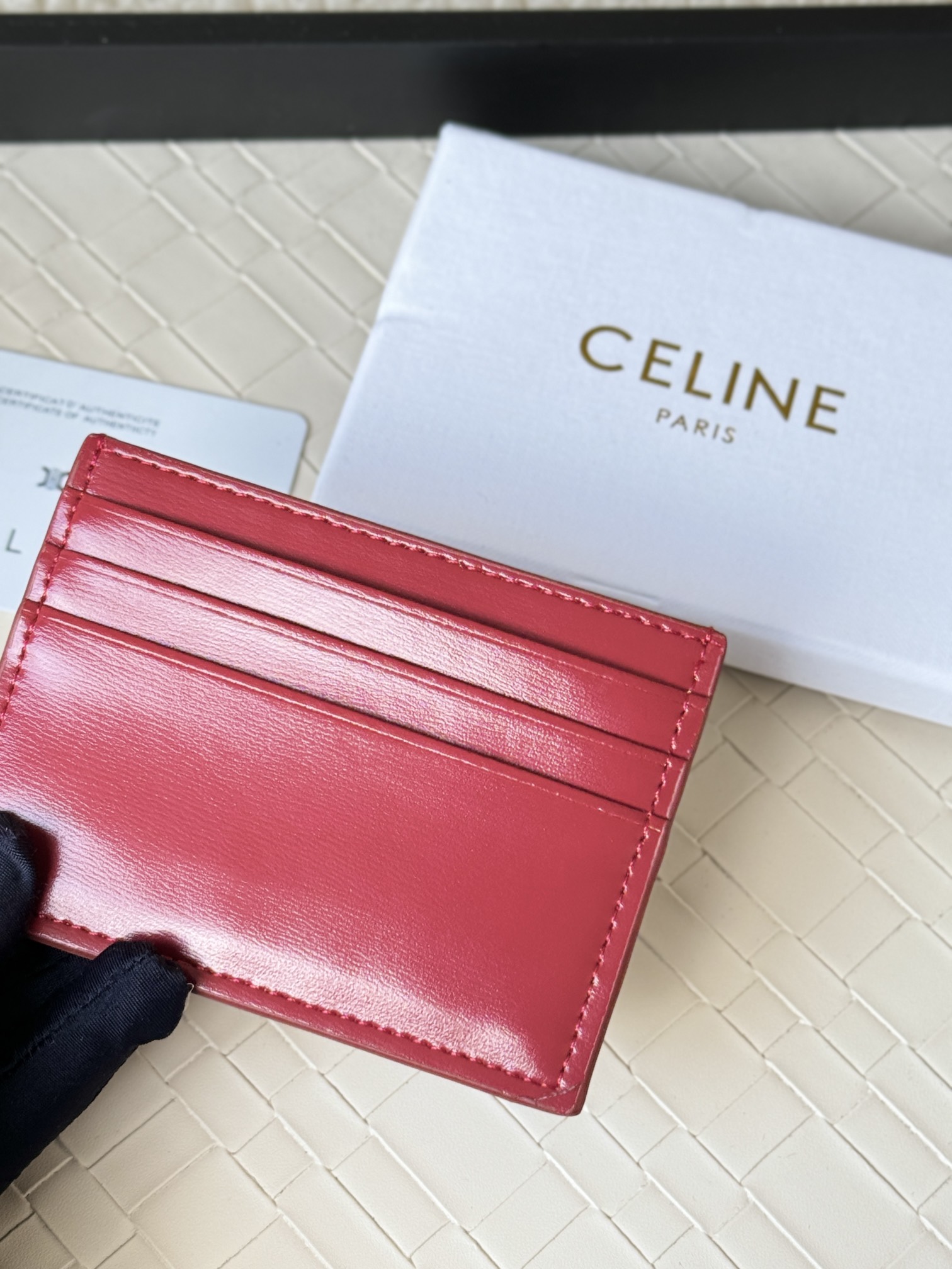 Celine Triomphe card holder Red leather with gold-tone metal hardware 10 5cm x 7