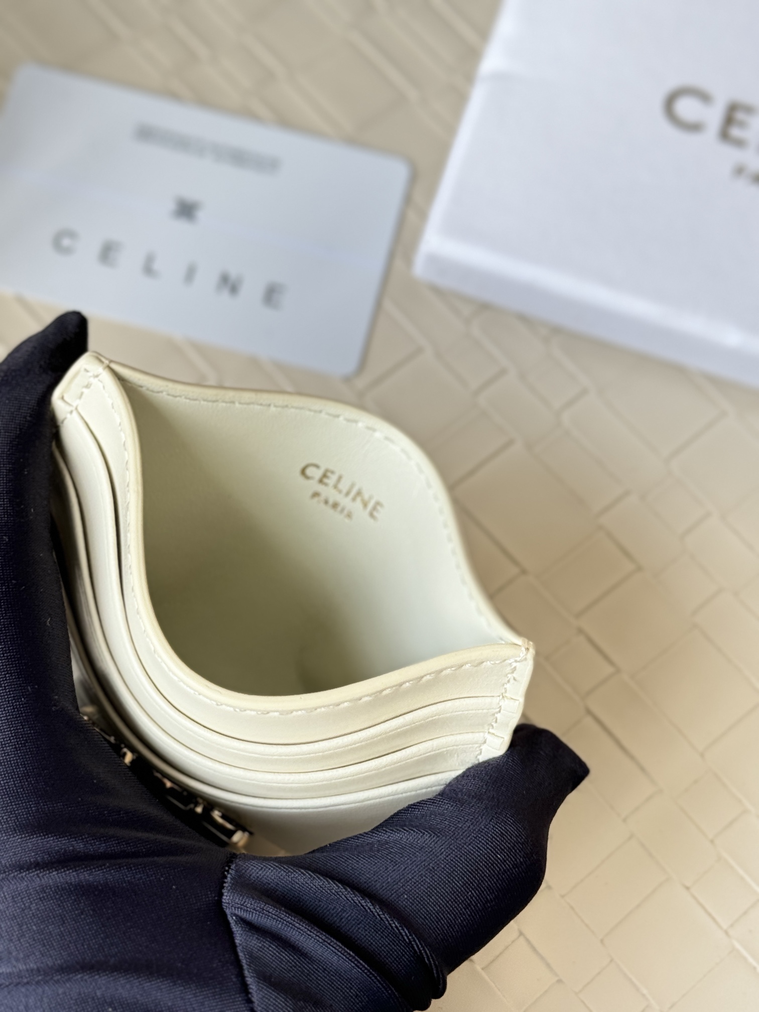 Celine Triomphe card holder off-white smooth leather gold-tone Triomphe metal logo 10 5cm x 7