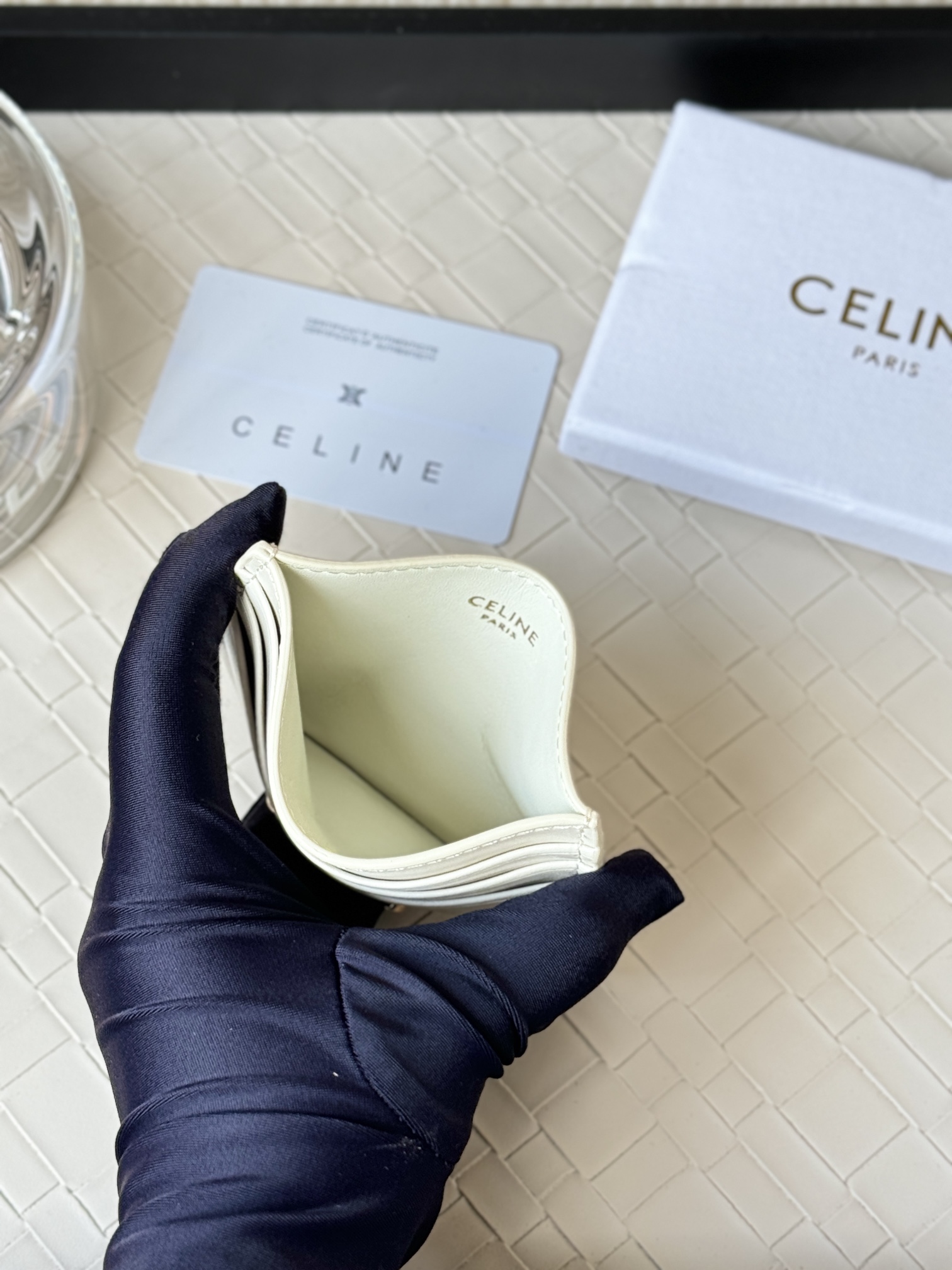 Celine Triomphe card holder off-white smooth leather gold-tone Triomphe metal logo 10 5cm x 7