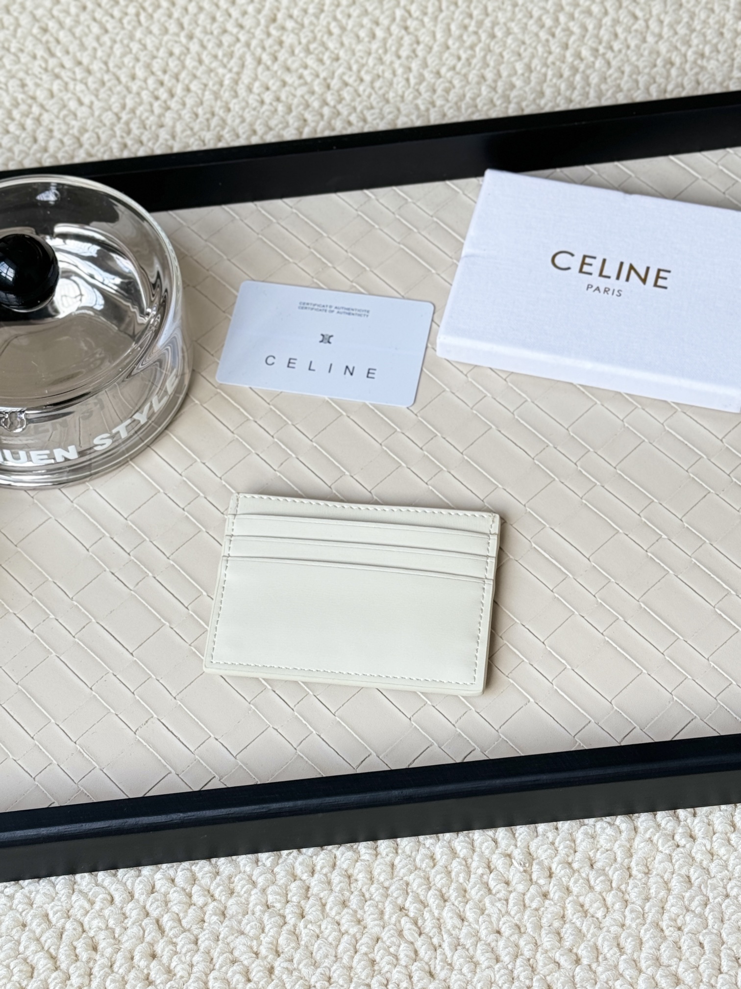 Celine Triomphe card holder off-white smooth leather gold-tone Triomphe metal logo 10 5cm x 7