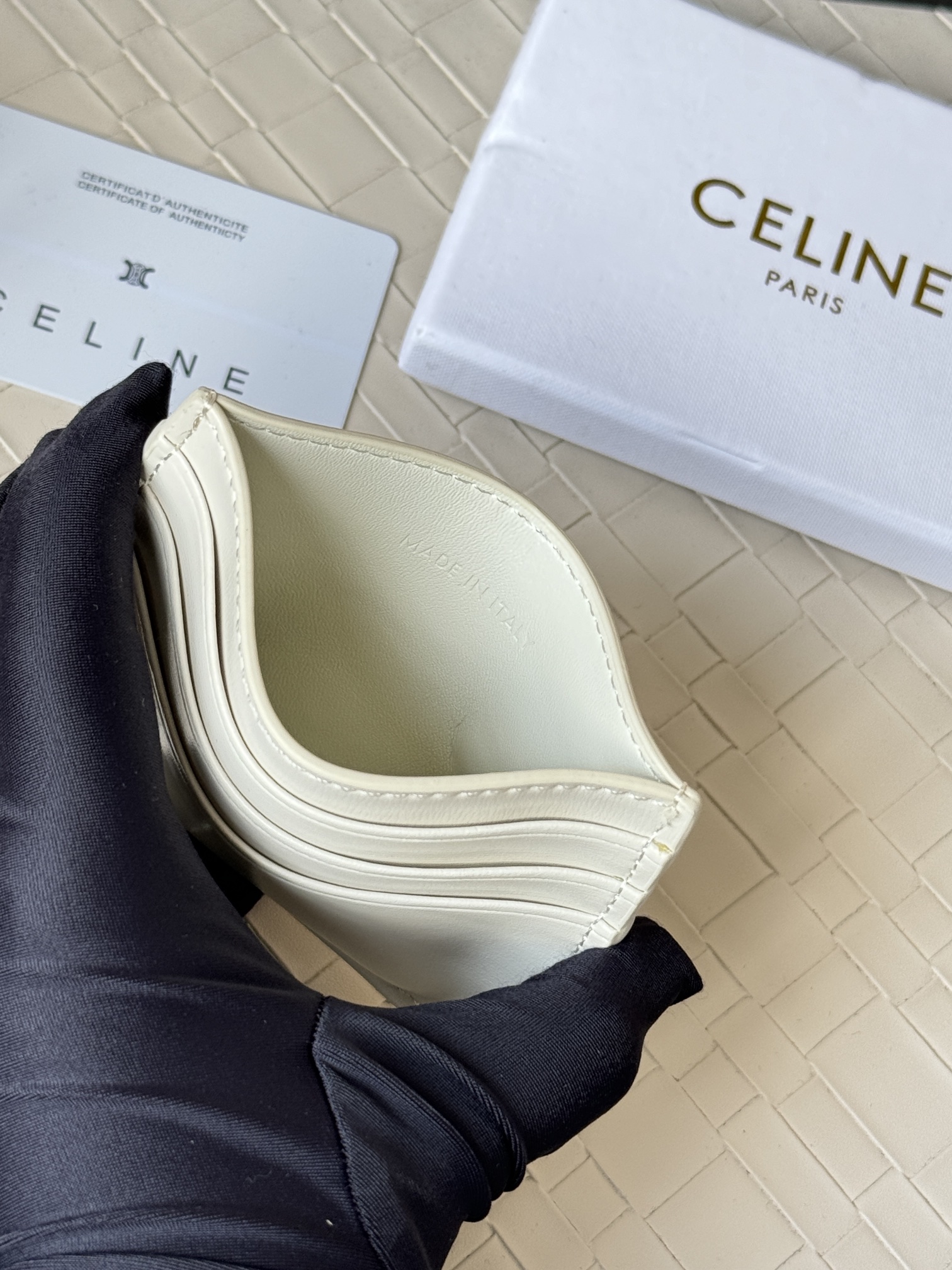 Celine Triomphe card holder off-white smooth leather gold-tone Triomphe metal logo 10 5cm x 7