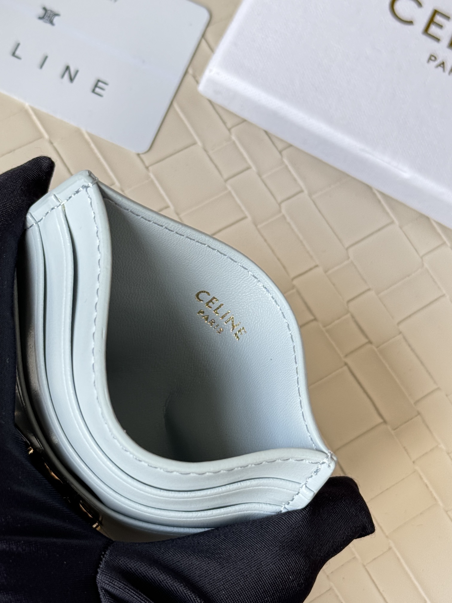 Celine Triomphe card holder light blue leather with gold-tone metal logo 10 5cm x 7