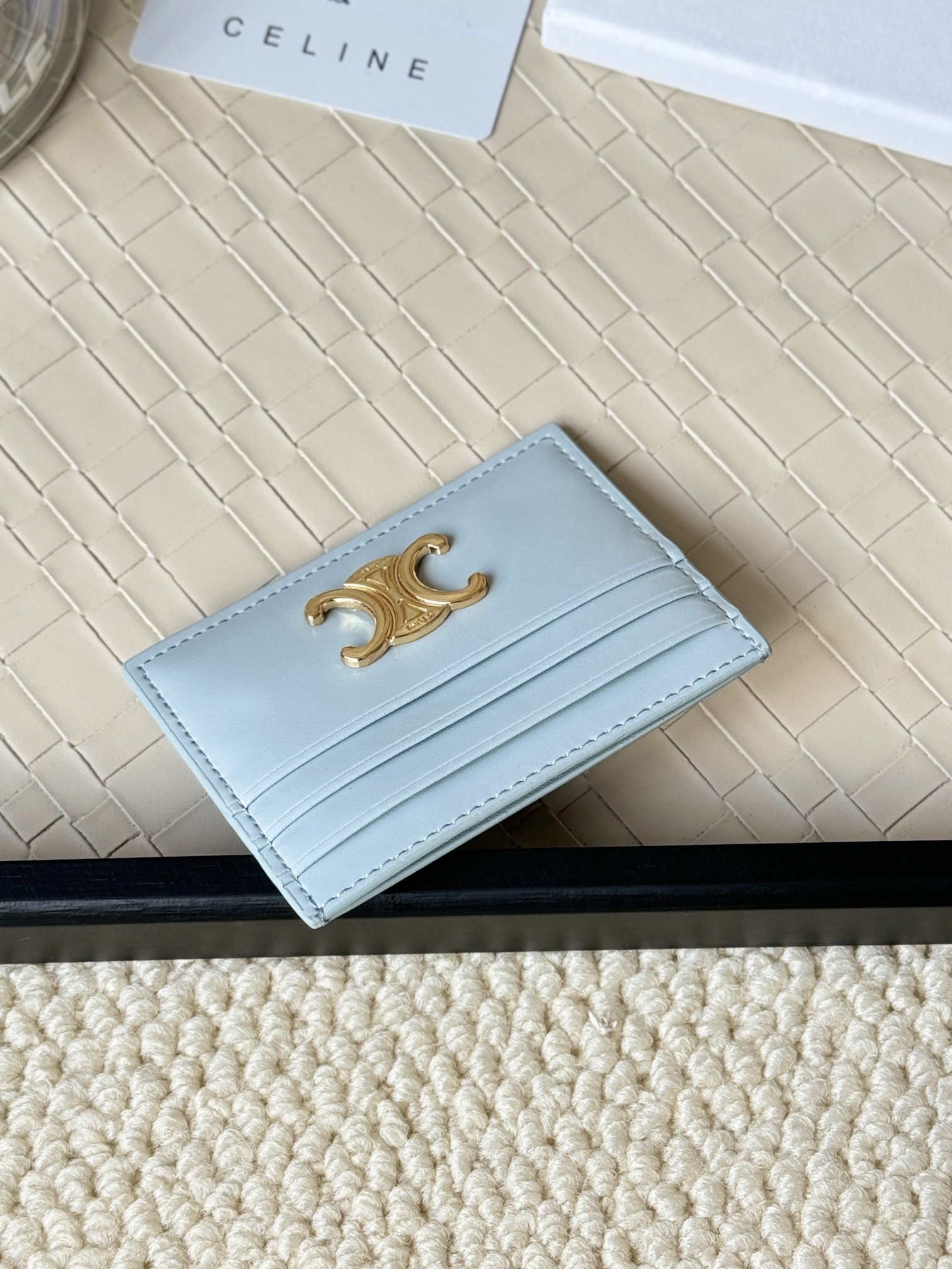 Celine Triomphe card holder light blue leather with gold-tone metal logo 10 5cm x 7