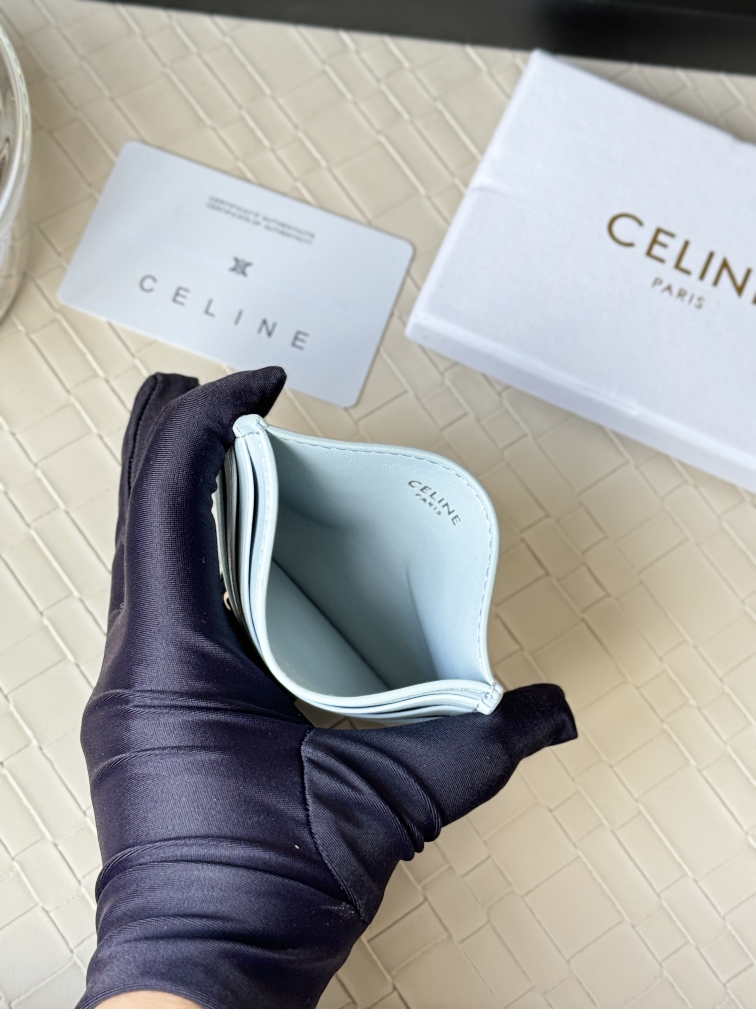 Celine Triomphe card holder light blue leather with gold-tone metal logo 10 5cm x 7