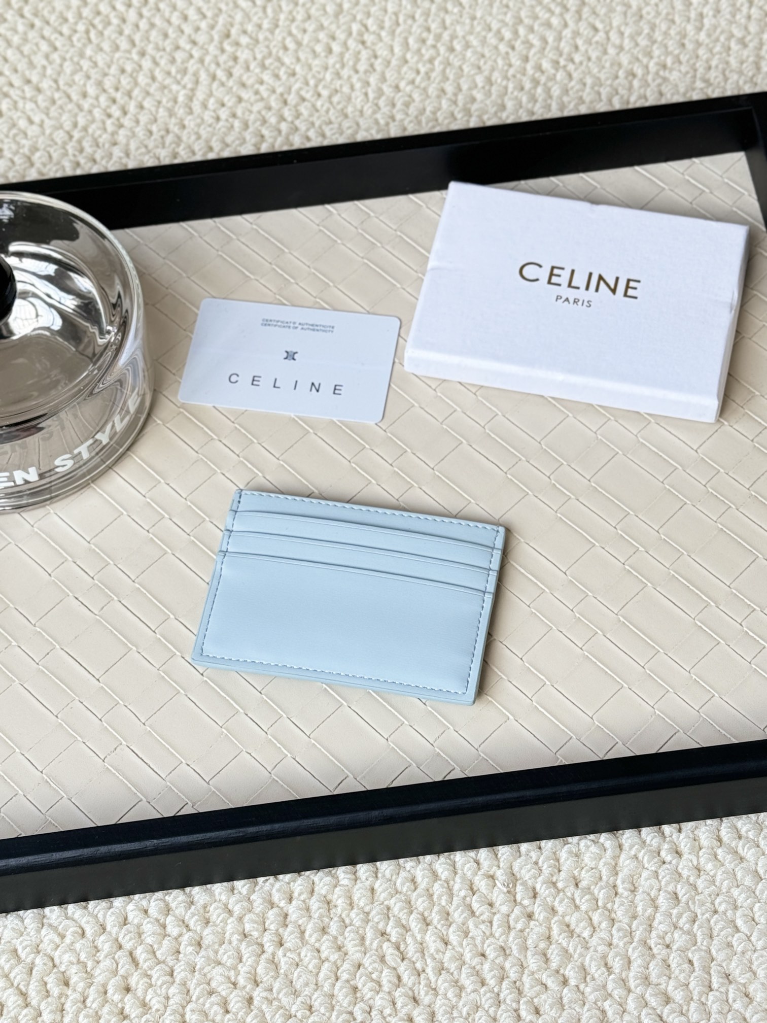 Celine Triomphe card holder light blue leather with gold-tone metal logo 10 5cm x 7