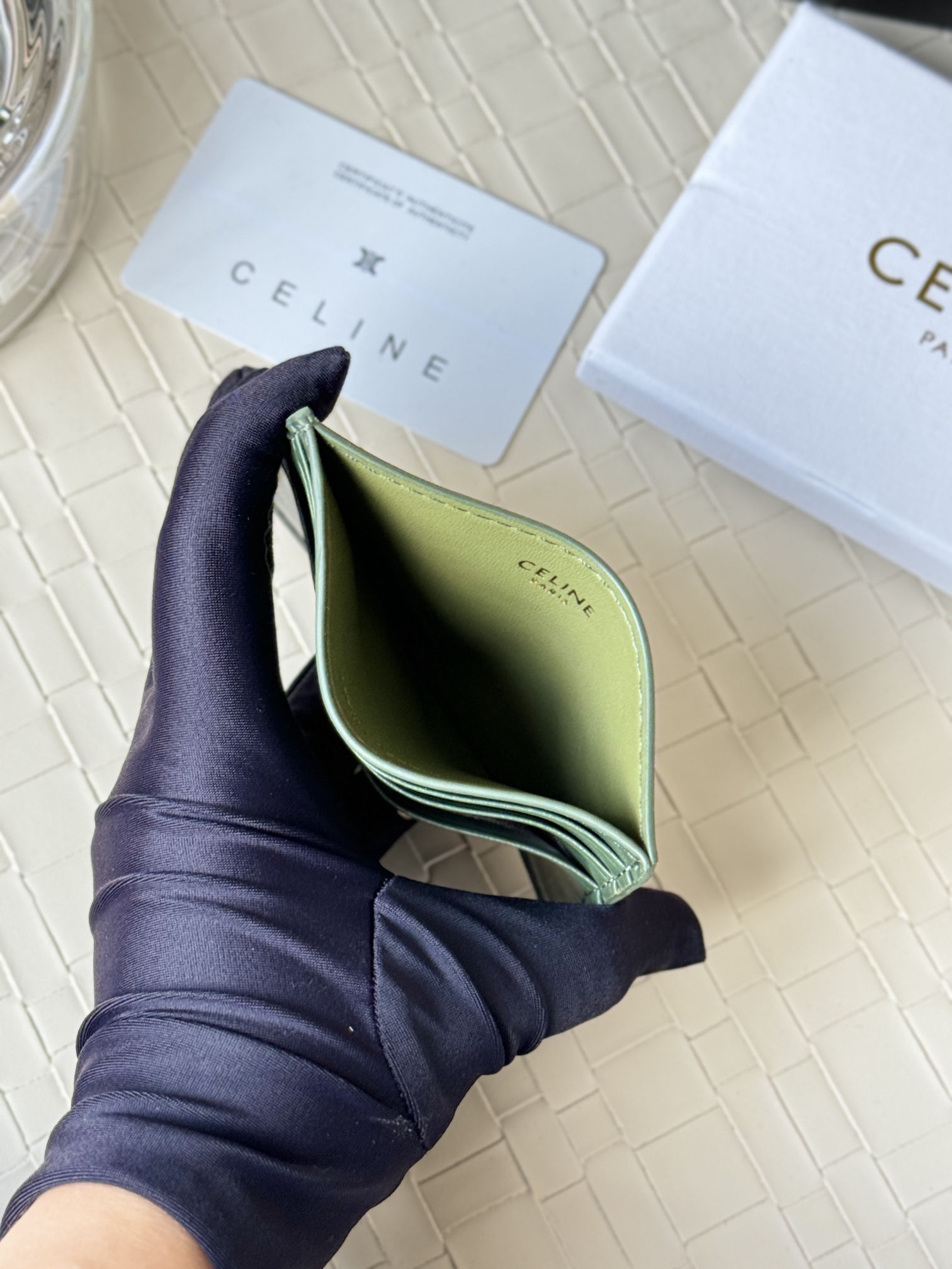 Celine Triomphe card holder dark green smooth leather with gold-tone metal hardware 10 5cm x 7