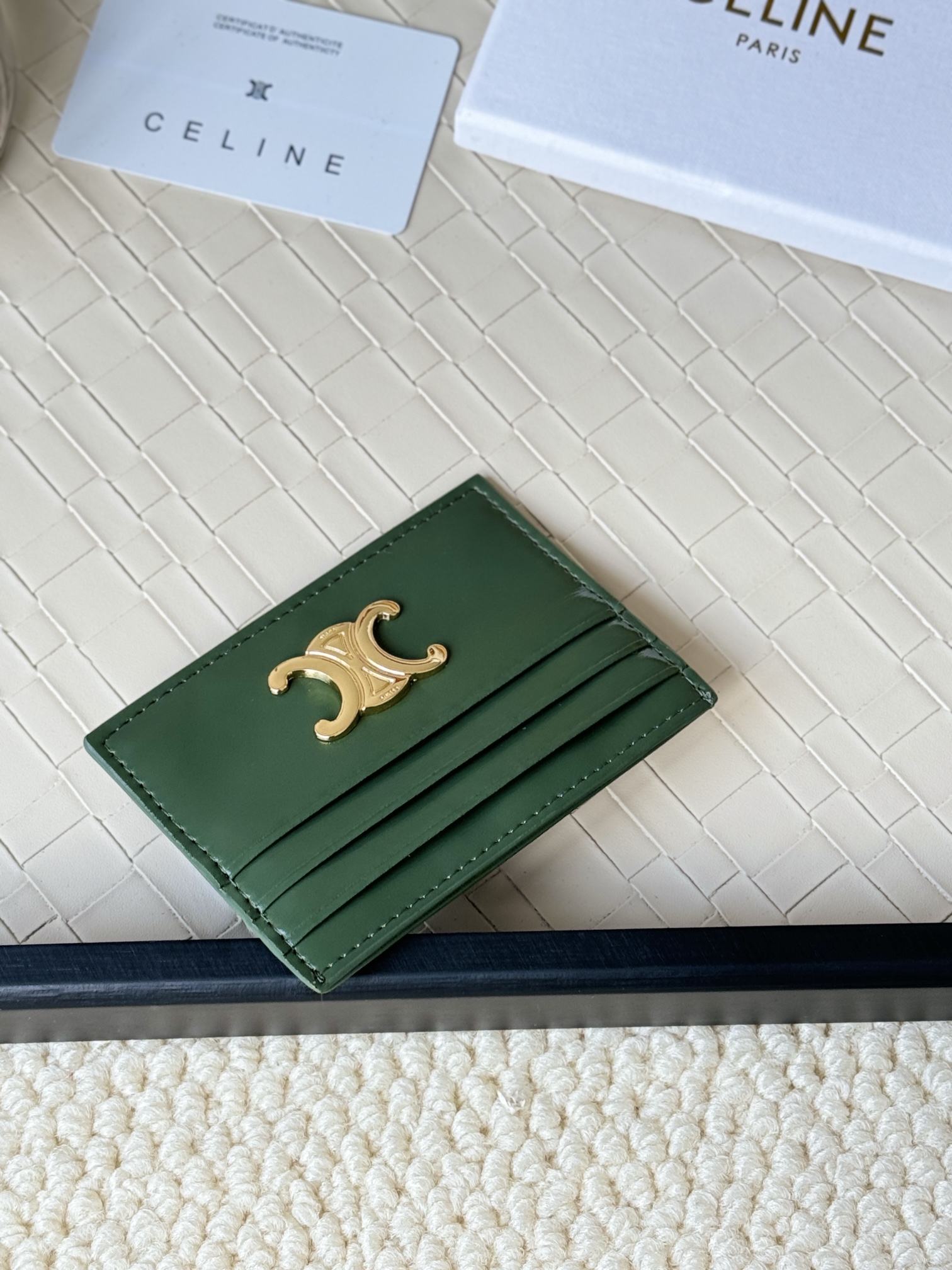 Celine Triomphe card holder dark green smooth leather with gold-tone metal hardware 10 5cm x 7