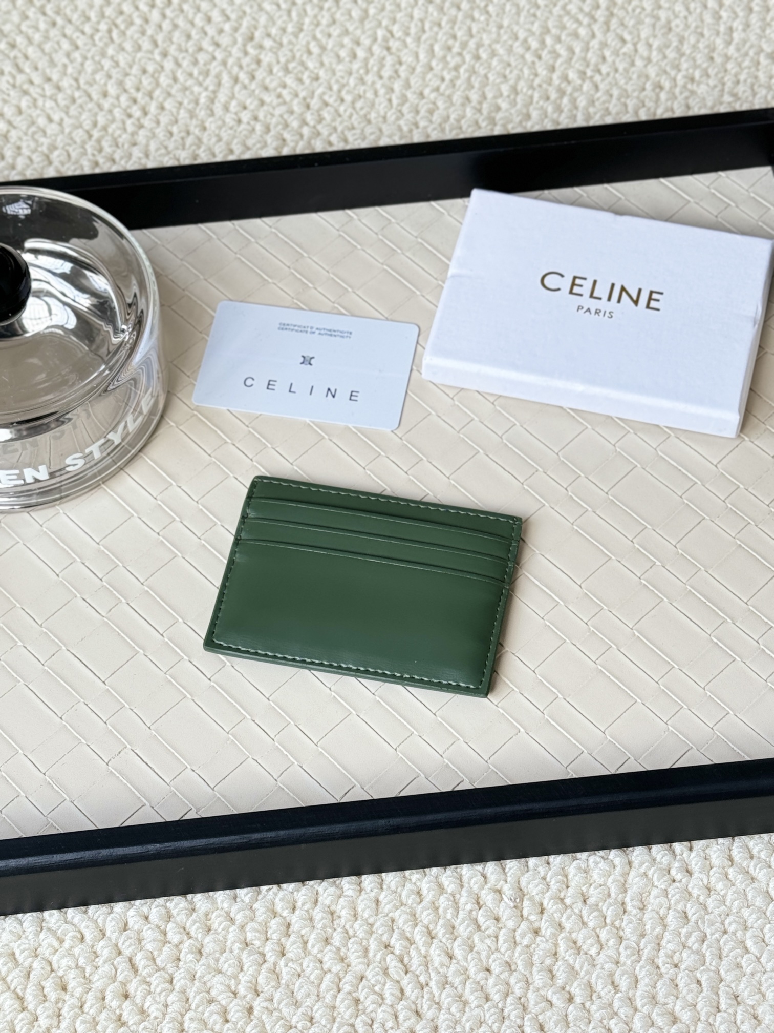Celine Triomphe card holder dark green smooth leather with gold-tone metal hardware 10 5cm x 7