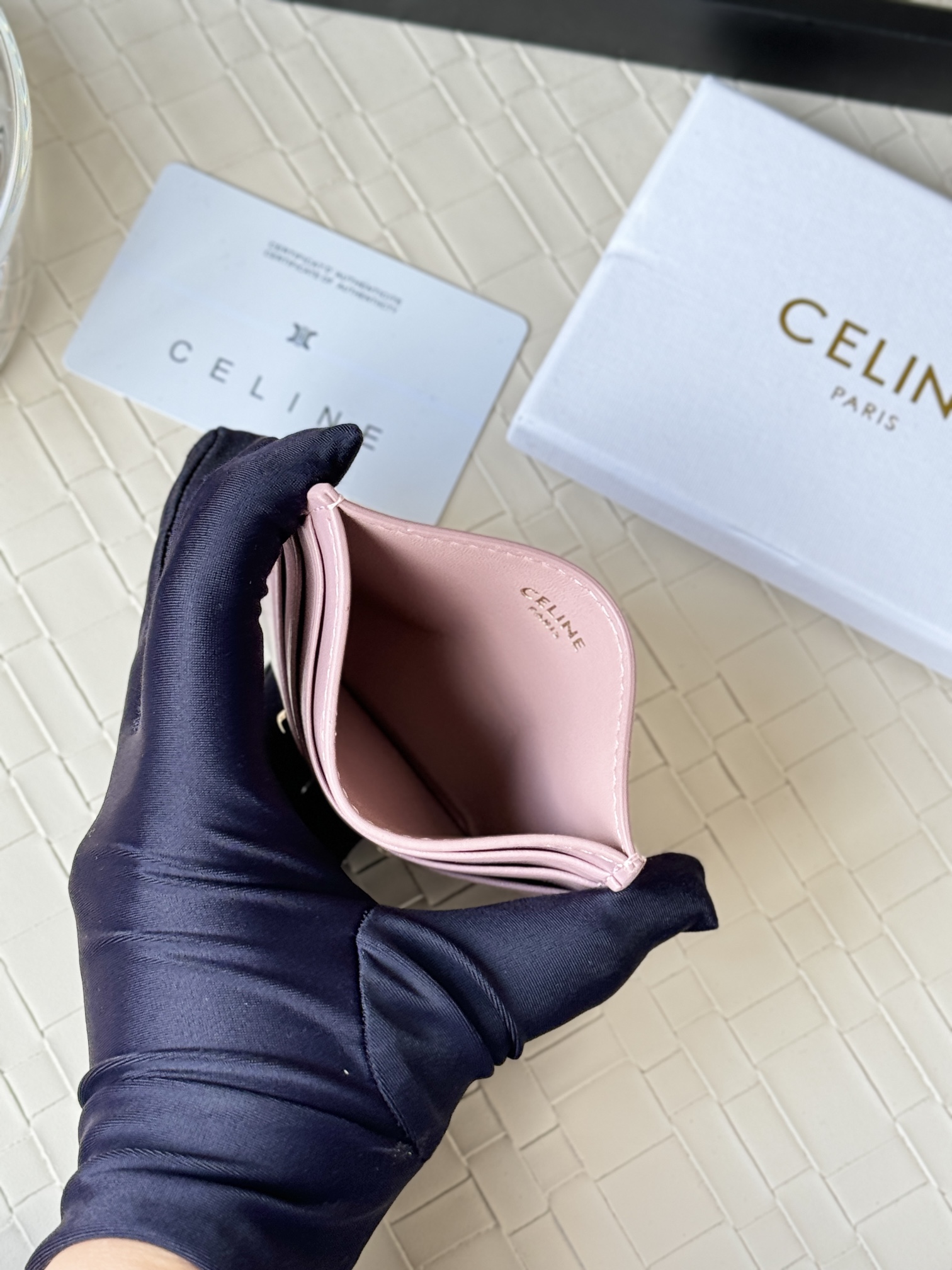 Celine Triomphe card holder petal pink smooth leather with gold-tone Triomphe metal hardware 10 5cm x 7