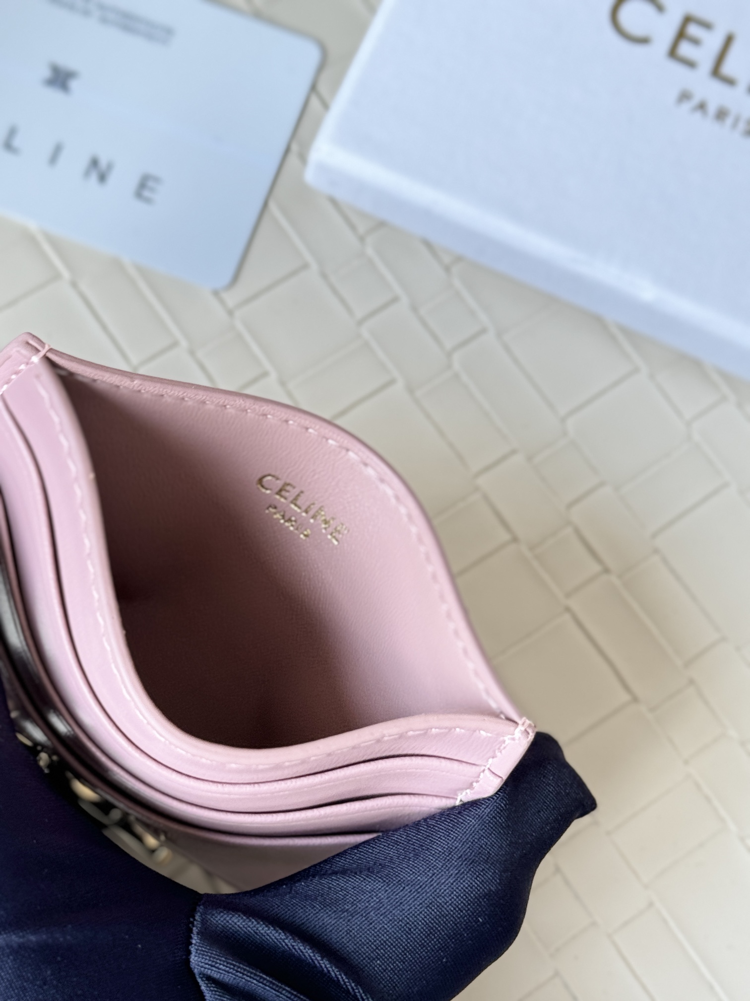 Celine Triomphe card holder petal pink smooth leather with gold-tone Triomphe metal hardware 10 5cm x 7
