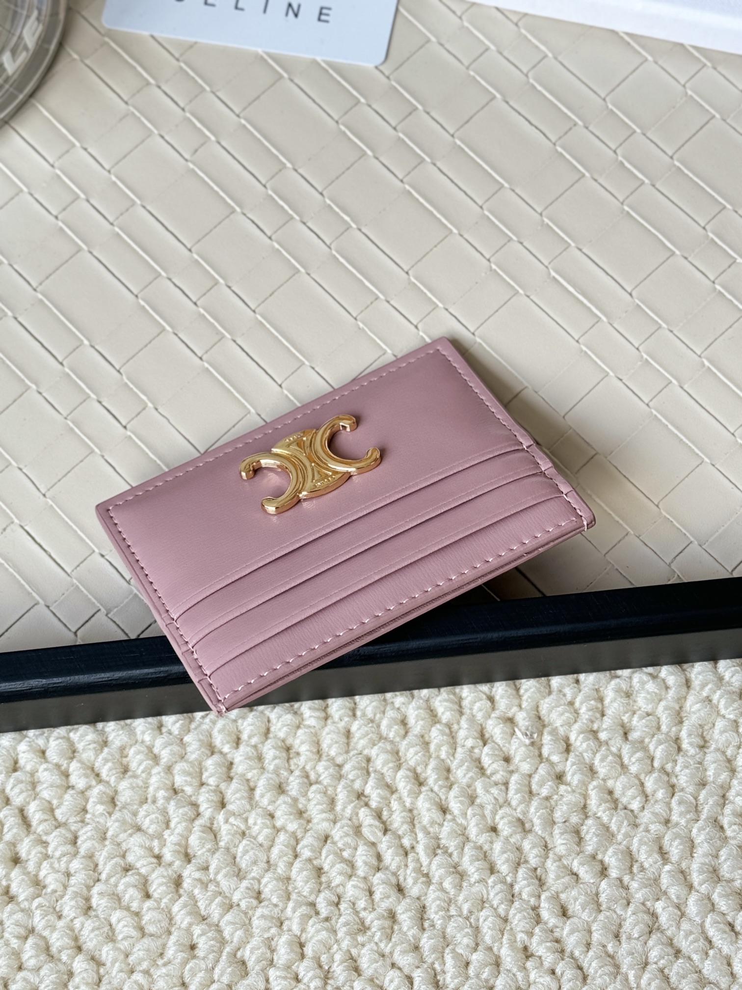 Celine Triomphe card holder petal pink smooth leather with gold-tone Triomphe metal hardware 10 5cm x 7