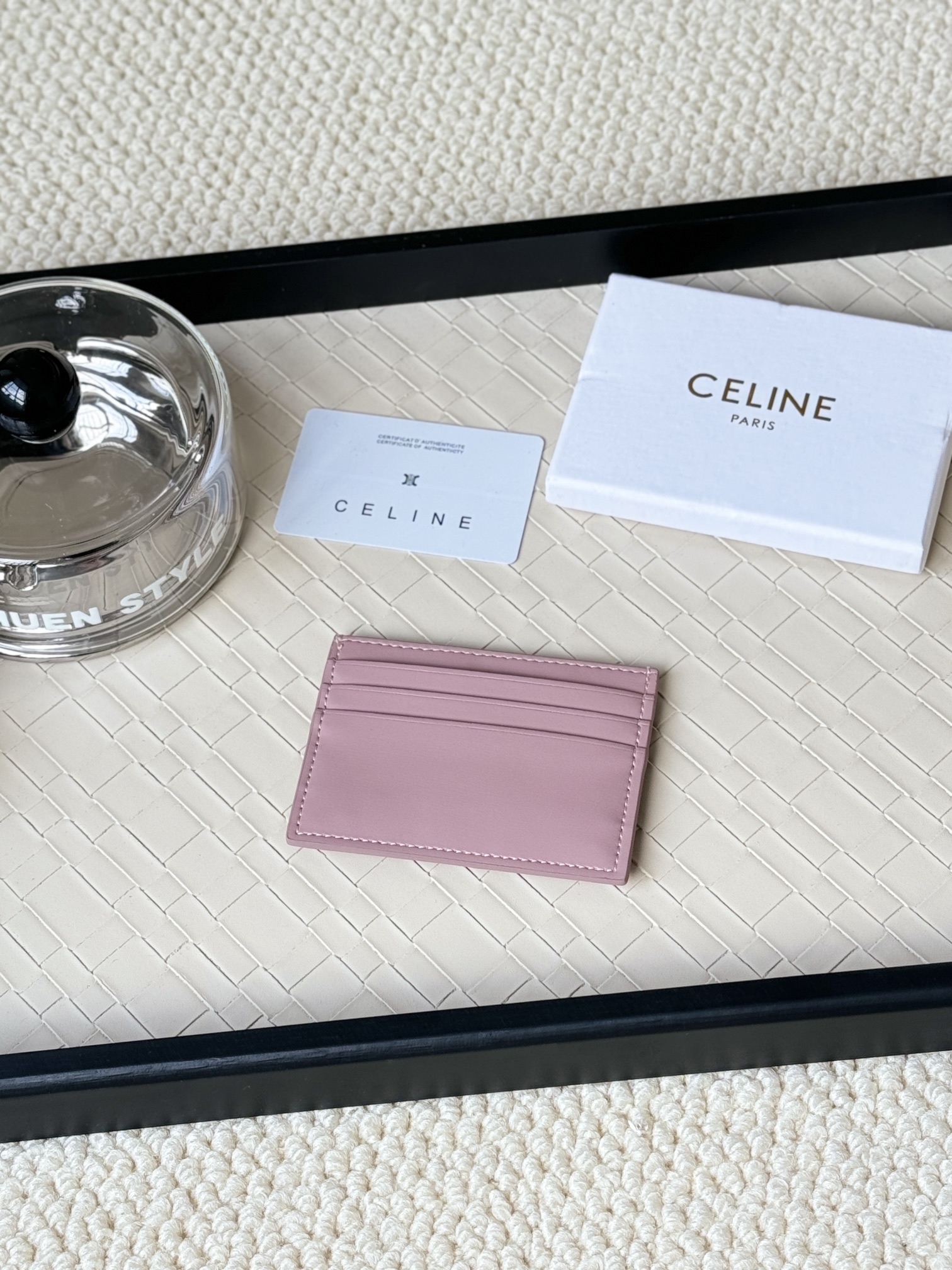 Celine Triomphe card holder petal pink smooth leather with gold-tone Triomphe metal hardware 10 5cm x 7