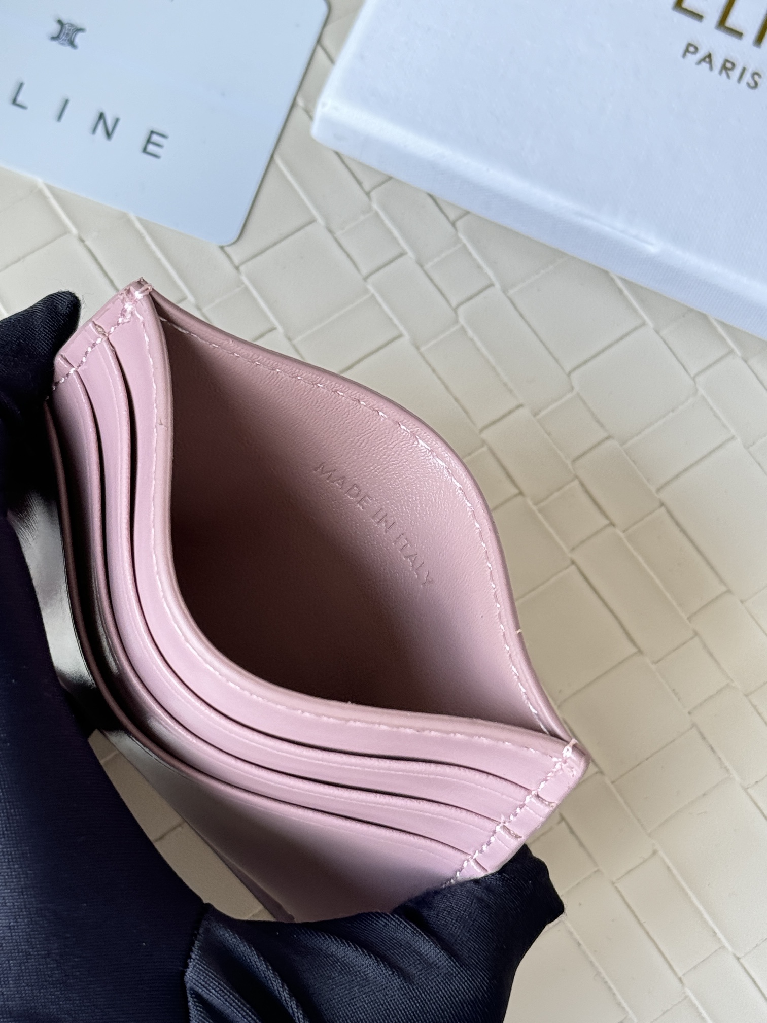 Celine Triomphe card holder petal pink smooth leather with gold-tone Triomphe metal hardware 10 5cm x 7